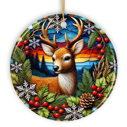 Front. OrnamentallyYou - Majestic Winter Deer in Holly Branches Ornament Enchanting Holiday Wonderland for Christmas Tree V1 - Multi-colored.