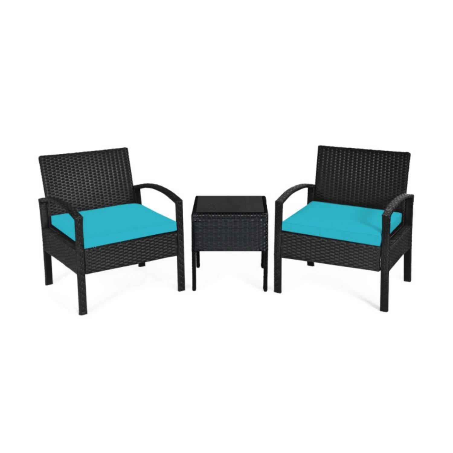 Alt View 5. Mondawe - 3-Piece Freestanding Rattan Patio Conversation Set with Cushions and Glass Table - Turquoise.