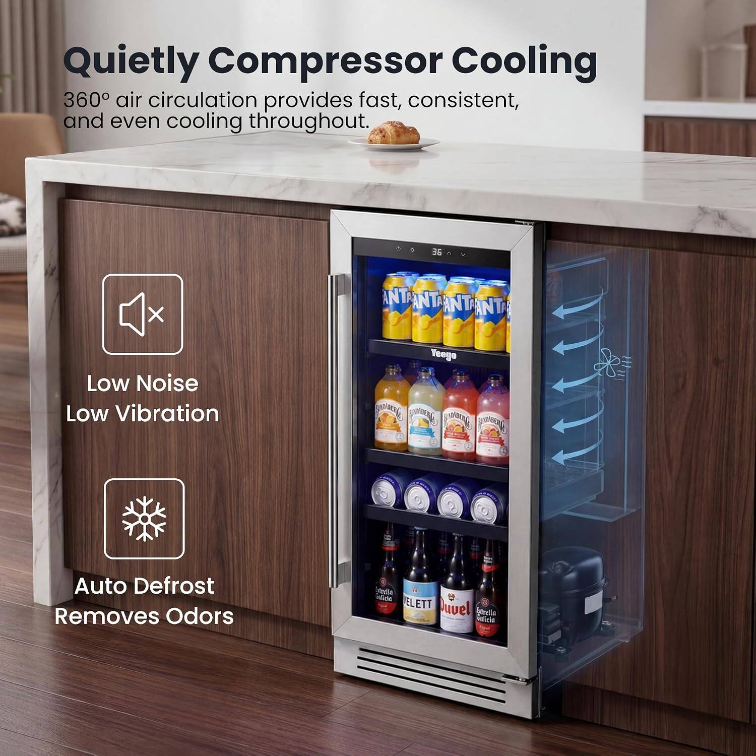 Quietly Compressor Cooling  
360° air circulation provides fast, consistent, and even cooling throughout.  
Low Noise  
Low Vibration  
Auto Defrost  
Removes Odors