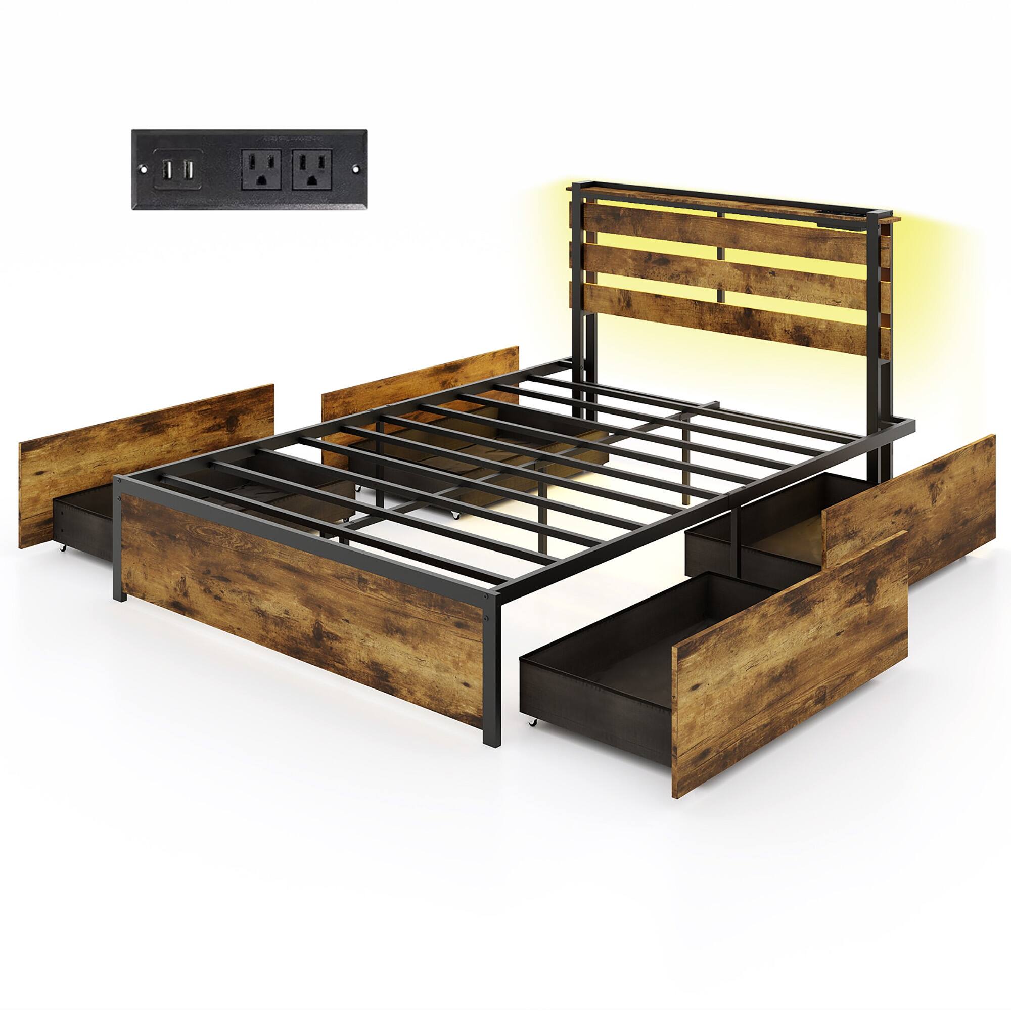 Gymax - Full Size Bed Frame w/ Drawers LED Lights Outlets & USB Ports Smart APP Control - Rustic Brown
