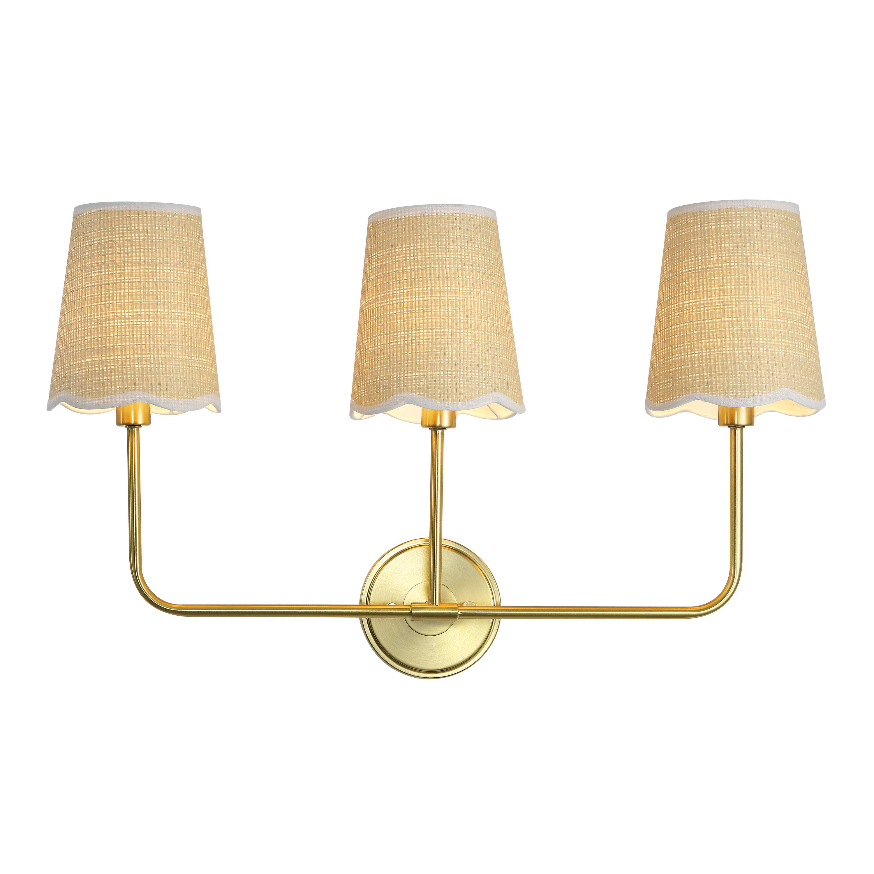 Front. Jonathan Y - Lila 26.5" 3-Light Traditional Coastal Scalloped Fabric Shade/Metal LED Vanity Light, Brass Gold/Brown - Brown/White/Brass Gold.