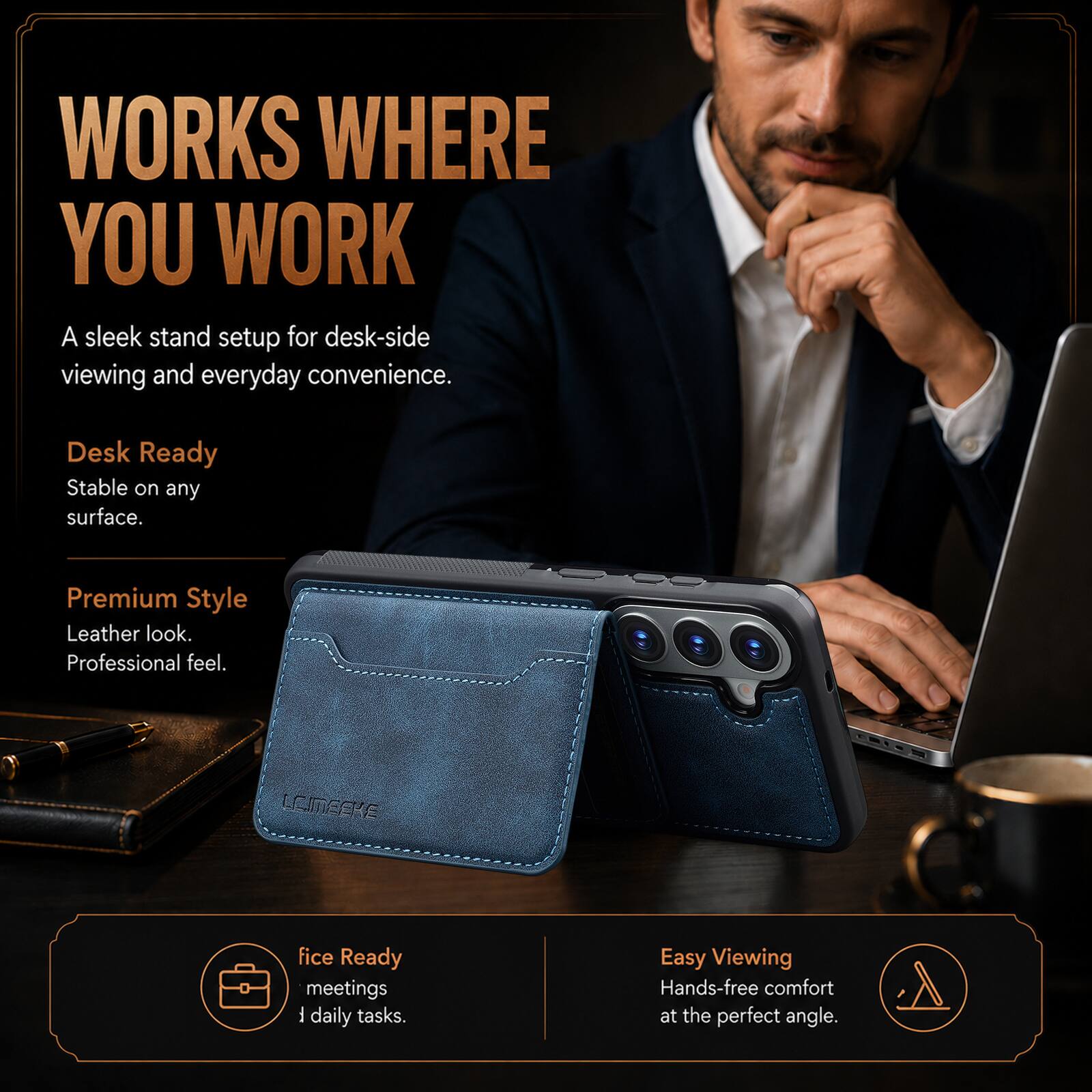 WORKS WHERE YOU WORK  
A sleek stand setup for desk-side viewing and everyday convenience.  

Desk Ready  
Stable on any surface.  

Premium Style  
Leather look.  
Professional feel.  

fice Ready  
meetings  
daily tasks.  

Easy Viewing  
Hands-free comfort at the perfect angle.
