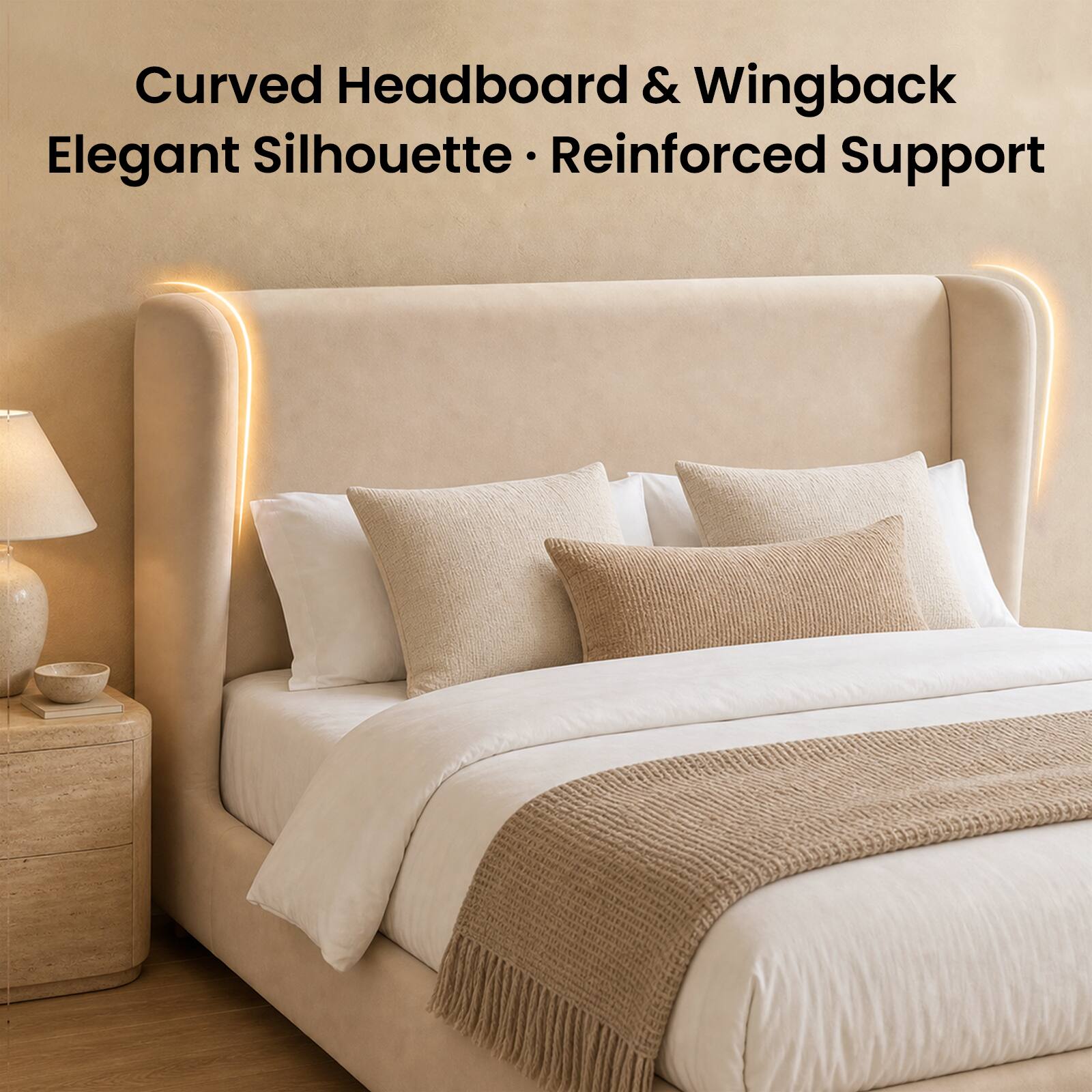 Curved Headboard & Wingback  
Elegant Silhouette • Reinforced Support