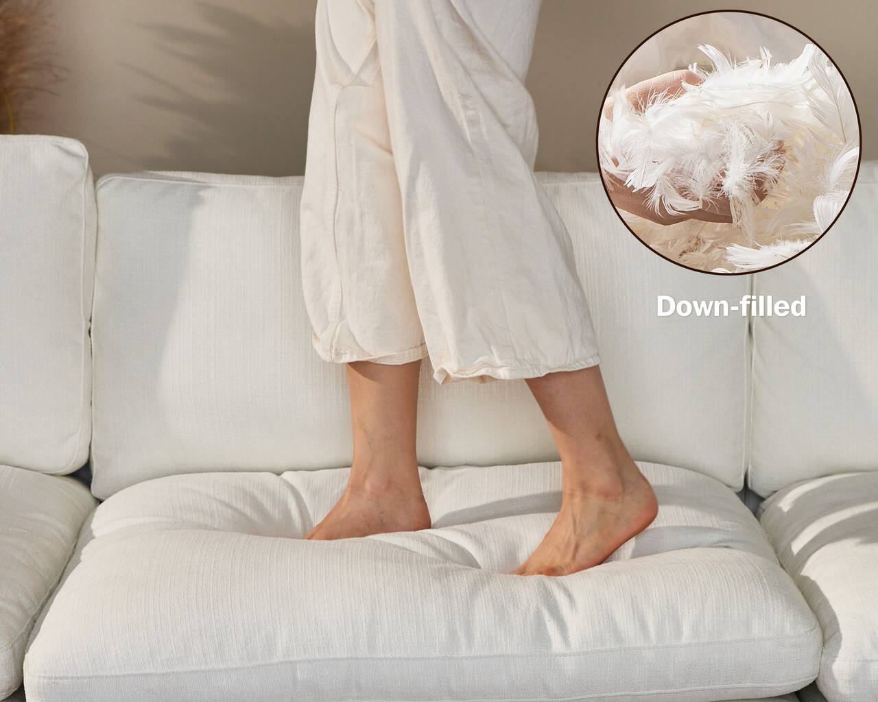 Left. Dyonery - Dyonery 120" Sectional Couches,Modern Modular Sectional Sofa,with Comfy Deep Seats,Fluffy L-Shape PU Leather Sofa Couch - Beige.