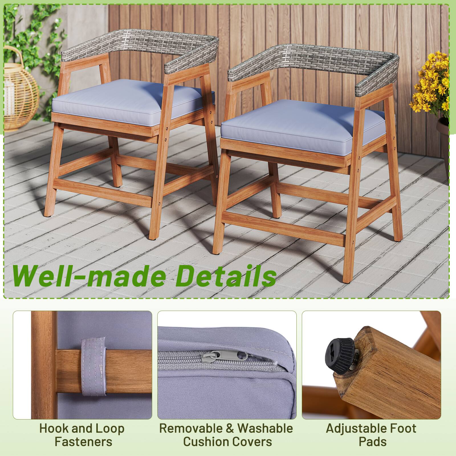 Well-made Details: Hook and Loop Fasteners, Removable & Washable, Adjustable Foot Cushion Covers, Pads