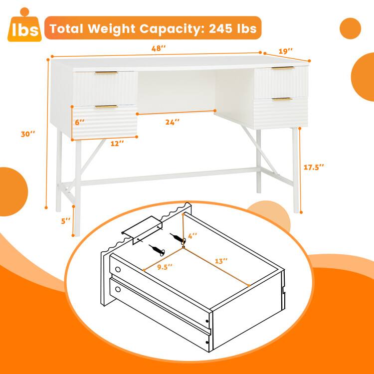 Total Weight Capacity: 245 lbs

Dimensions:
- Length: 48"
- Width: 19"
- Height: 17.5"
- Drawer Height: 5"
- Drawer Width: 13"
- Drawer Depth: 9.5"
- Side Width: 30"
- Side Height: 6"
- Side Depth: 12"
- Drawer Front Width: 24"