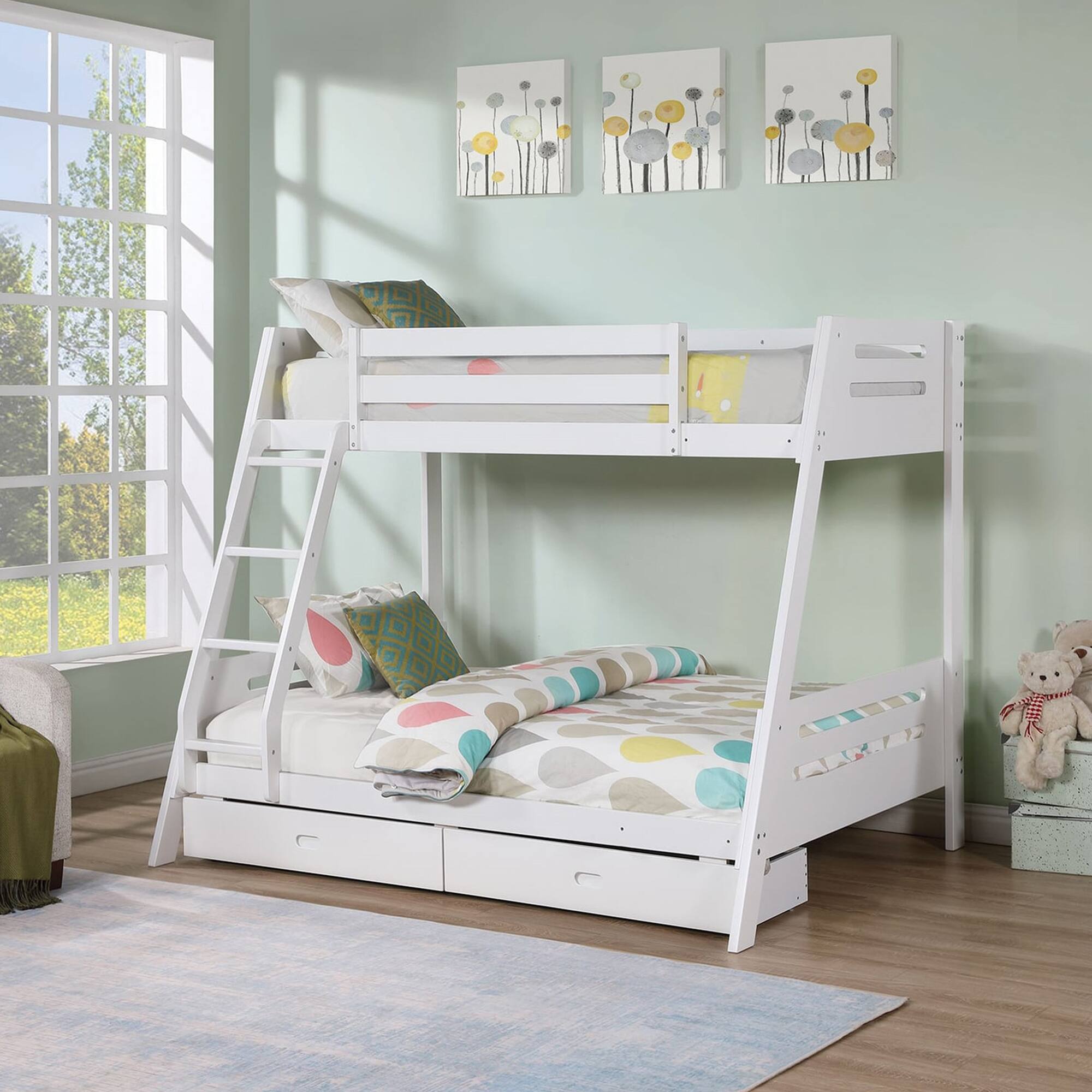 Angle. Vaczon - Twin/Full Bunk Bed, Solid Wood Construction, Safety Guardrails and Built-In Underbed Storage Drawers - White.