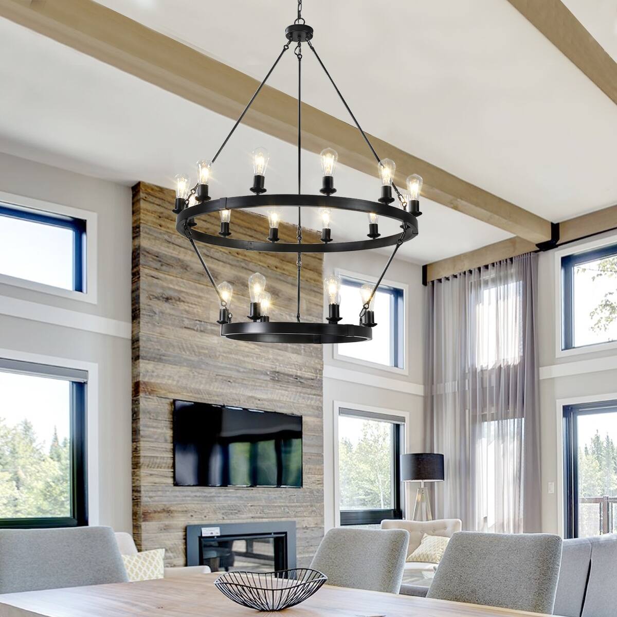 Angle. Loheer - Loheer Large Black Wagon Wheel Chandelier, Two Tier Iron Frame, Eighteen Light Dining Room Fixture.
