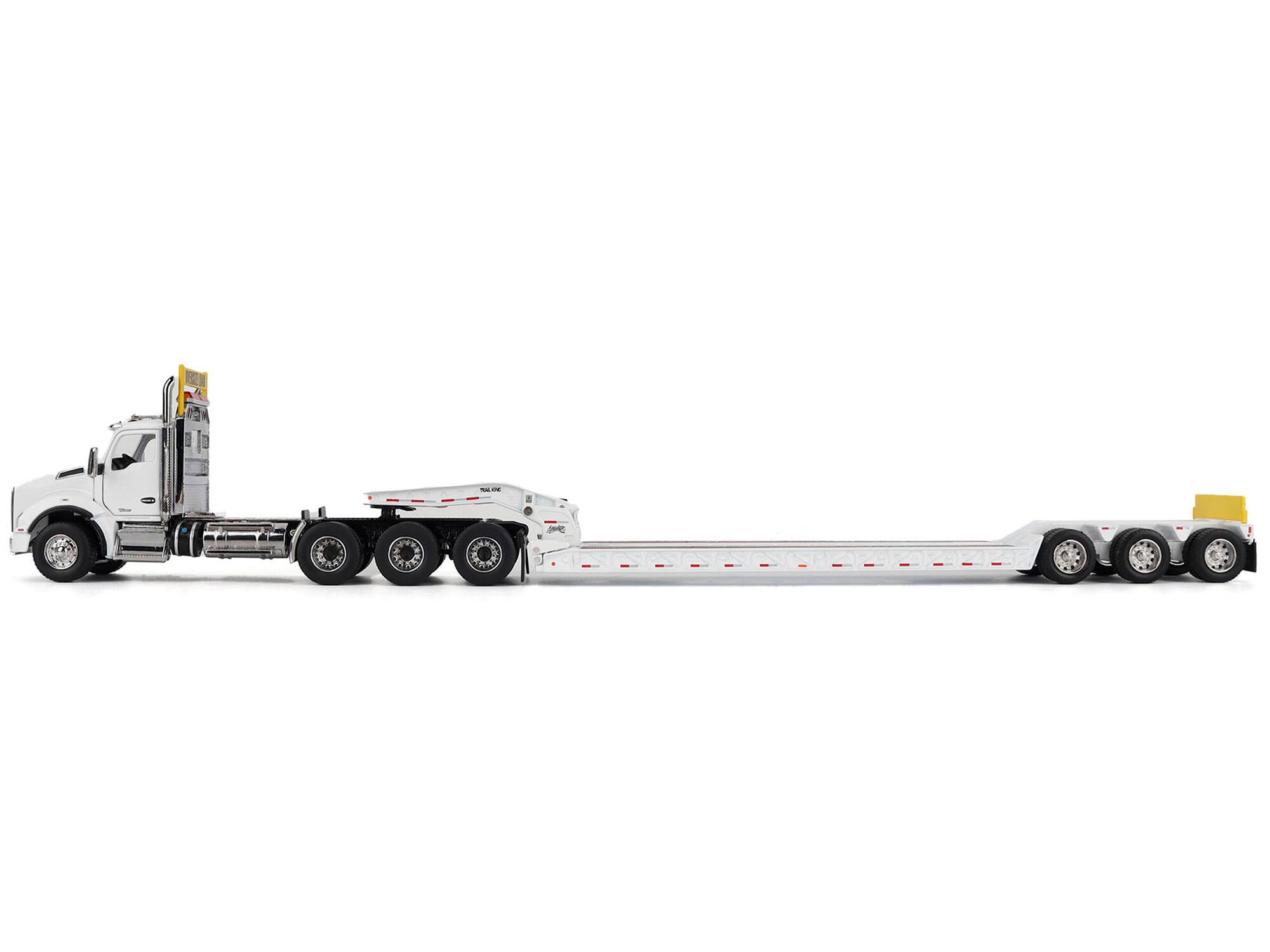 Left. Diecast Masters - Kenworth T880 SBFA Tridem Truck with Trail King HDG Lowboy Trailer White "Transport Series" 1/50 Diecast - White.