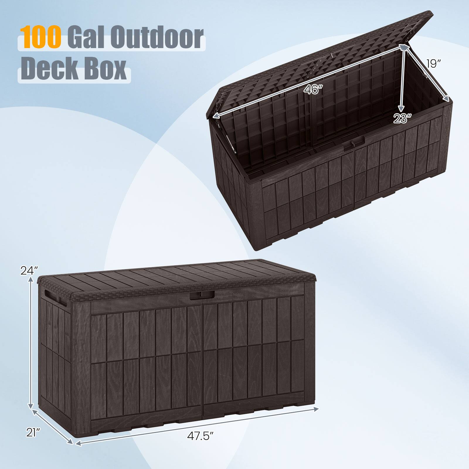 100 Gal Outdoor Deck Box  
46" x 19" x 23" x 24" x 47.5"
