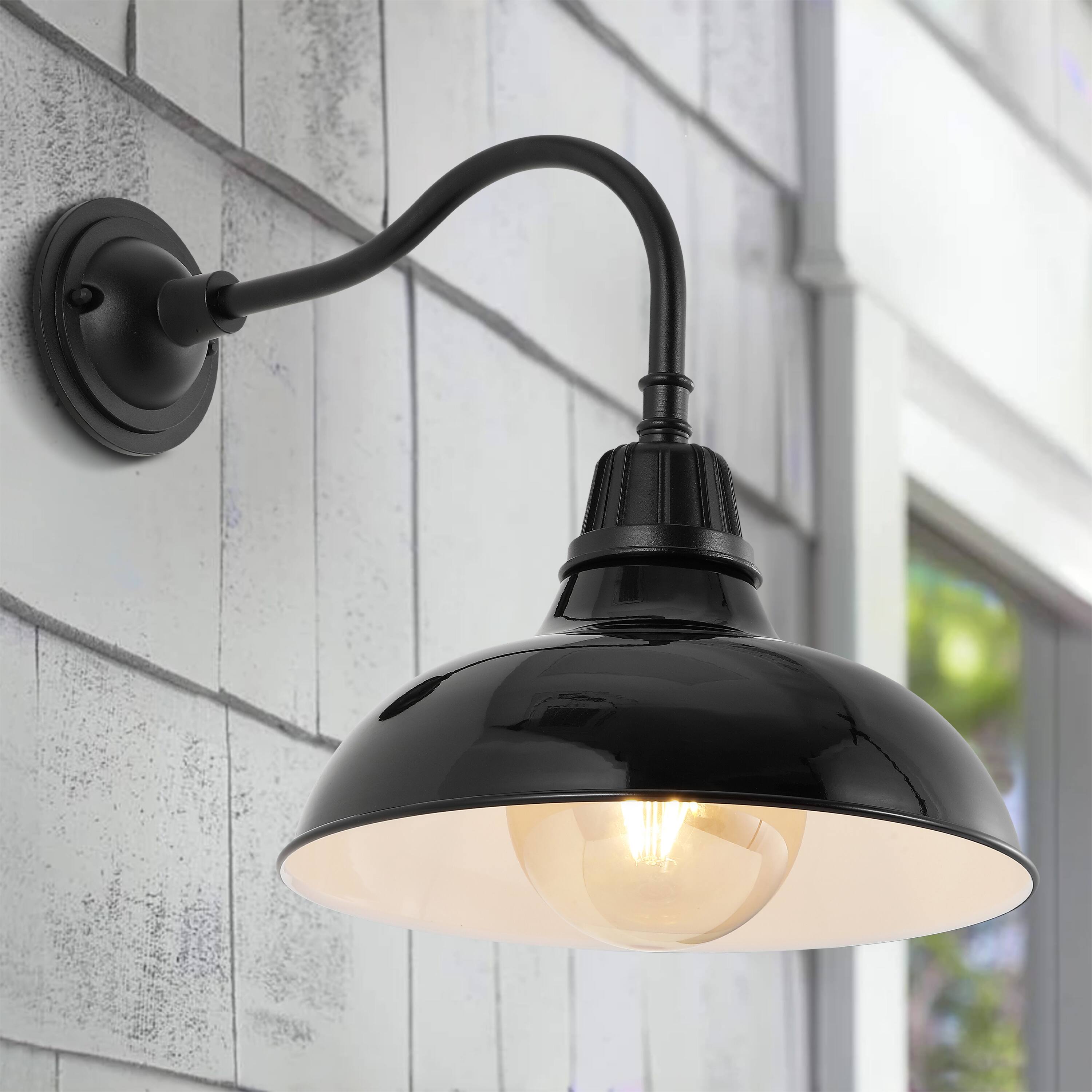 Alt View 6. Jonathan Y - Aurora 12.25" 1-Light Farmhouse Industrial Indoor/Outdoor Iron LED Gooseneck Arm Outdoor Sconce, Black - Black.