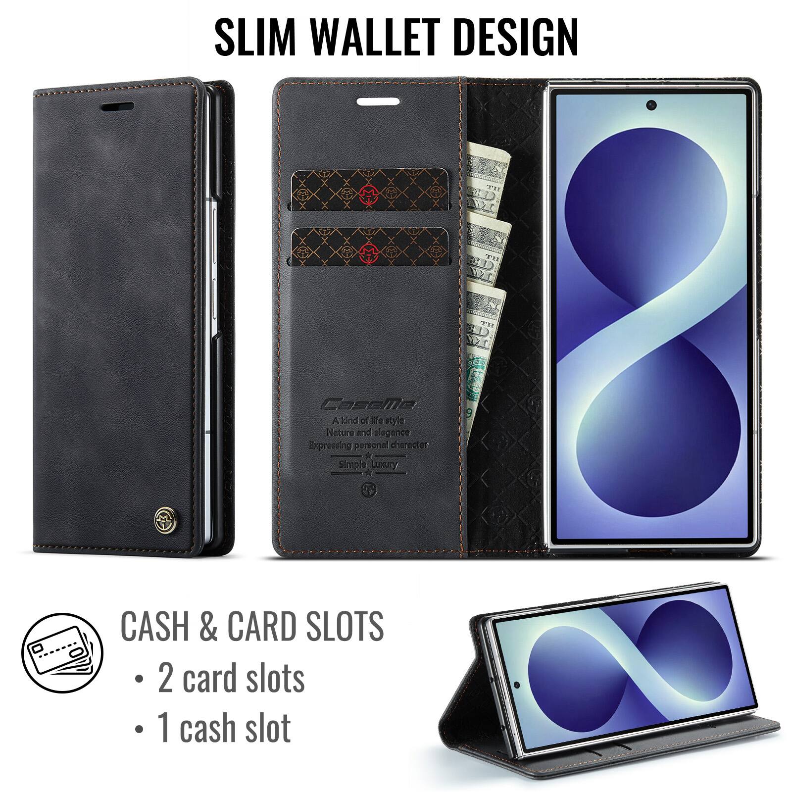 SLIM WALLET DESIGN

Casem A dind fillfe style Nature and elegance Ixpressing personal charecter * Simple Lunury W

CASH & CARD SLOTS
- 2 card slots
- 1 cash slot