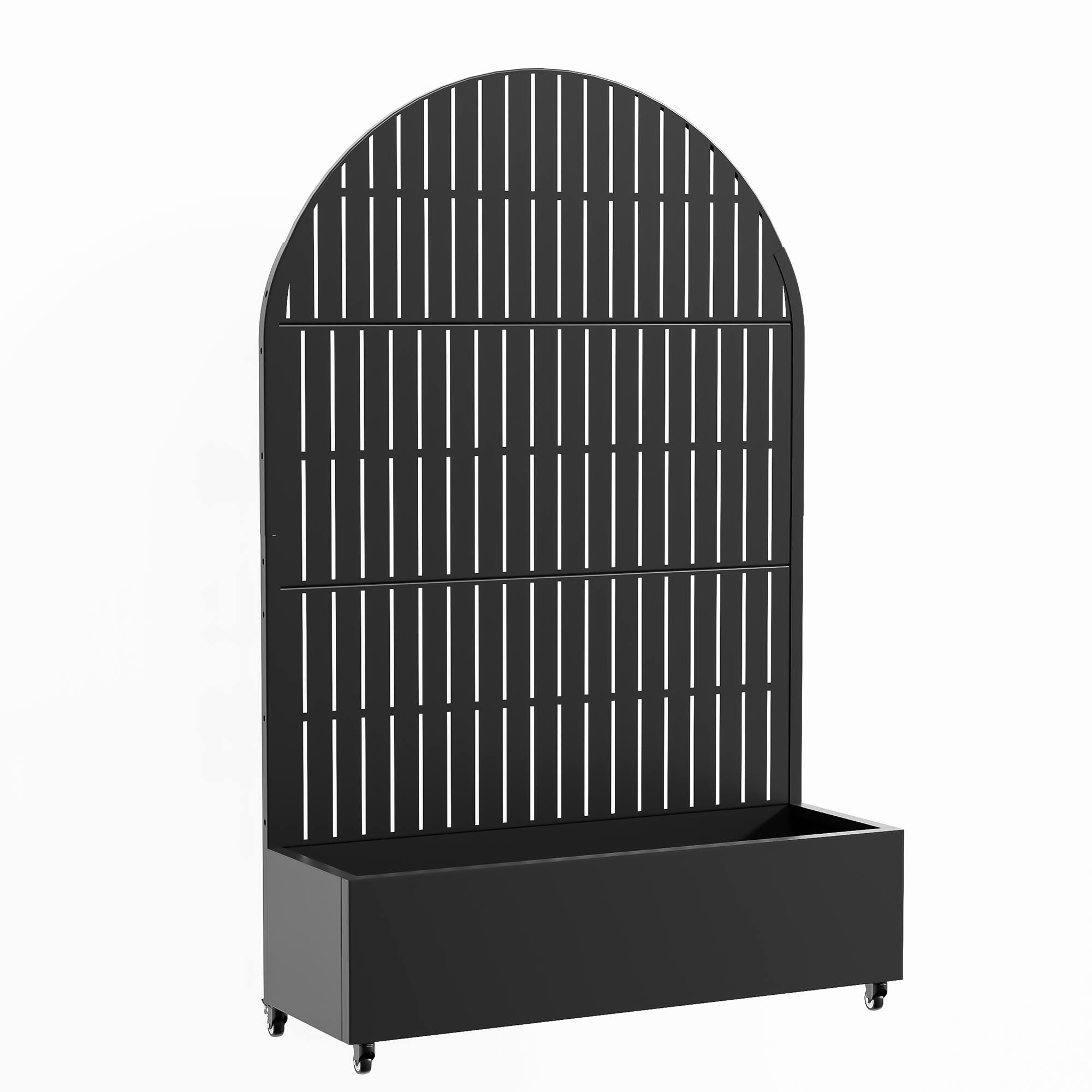 Angle. PexFix - 72 in. H x 47 in. W Slat Pattern Arch Metal Planter Box Raised Garden Beds with Trellis-Ideal for Balcony - Black.