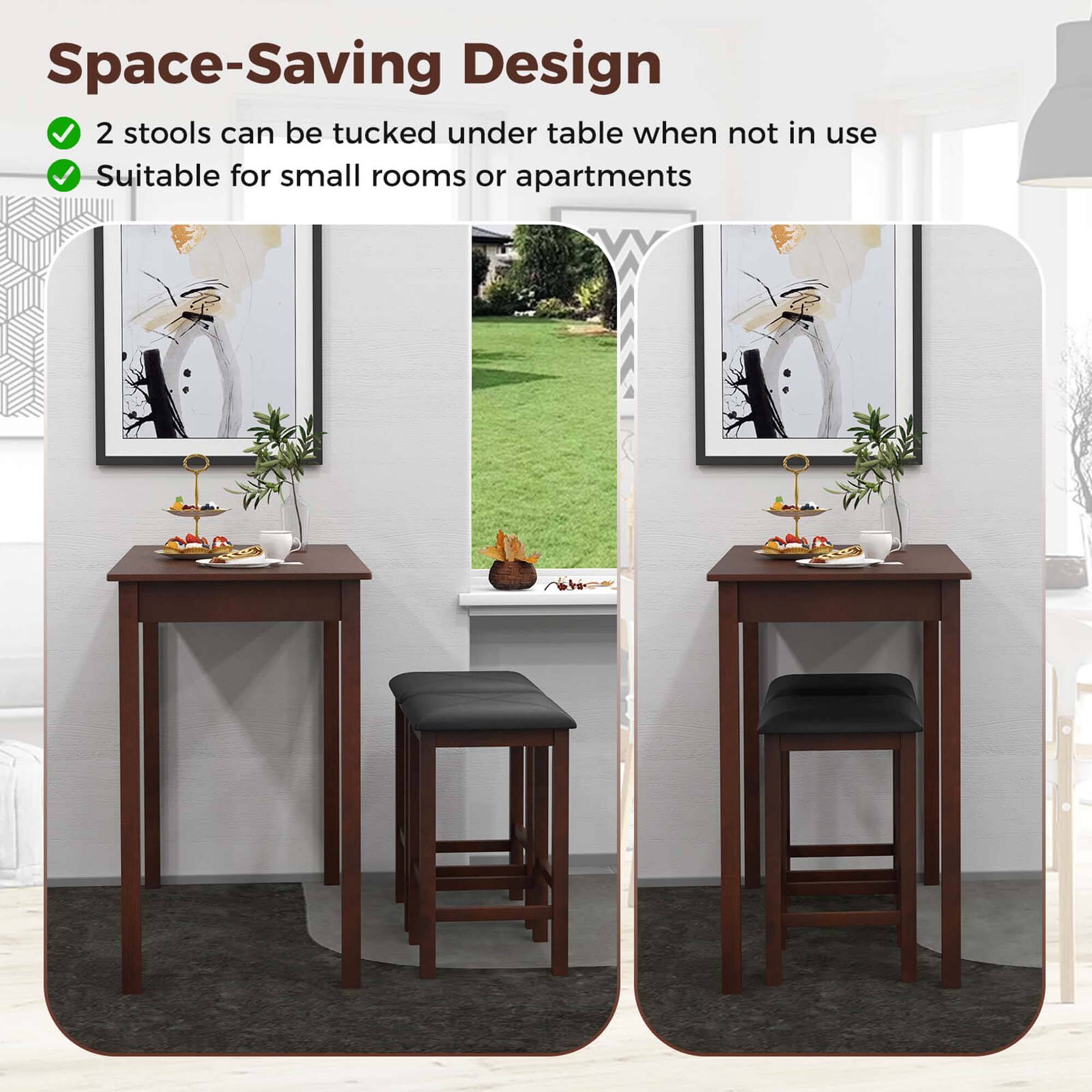 Space-Saving Design: 2 stools can be tucked under table when not in use. Suitable for small rooms or apartments.