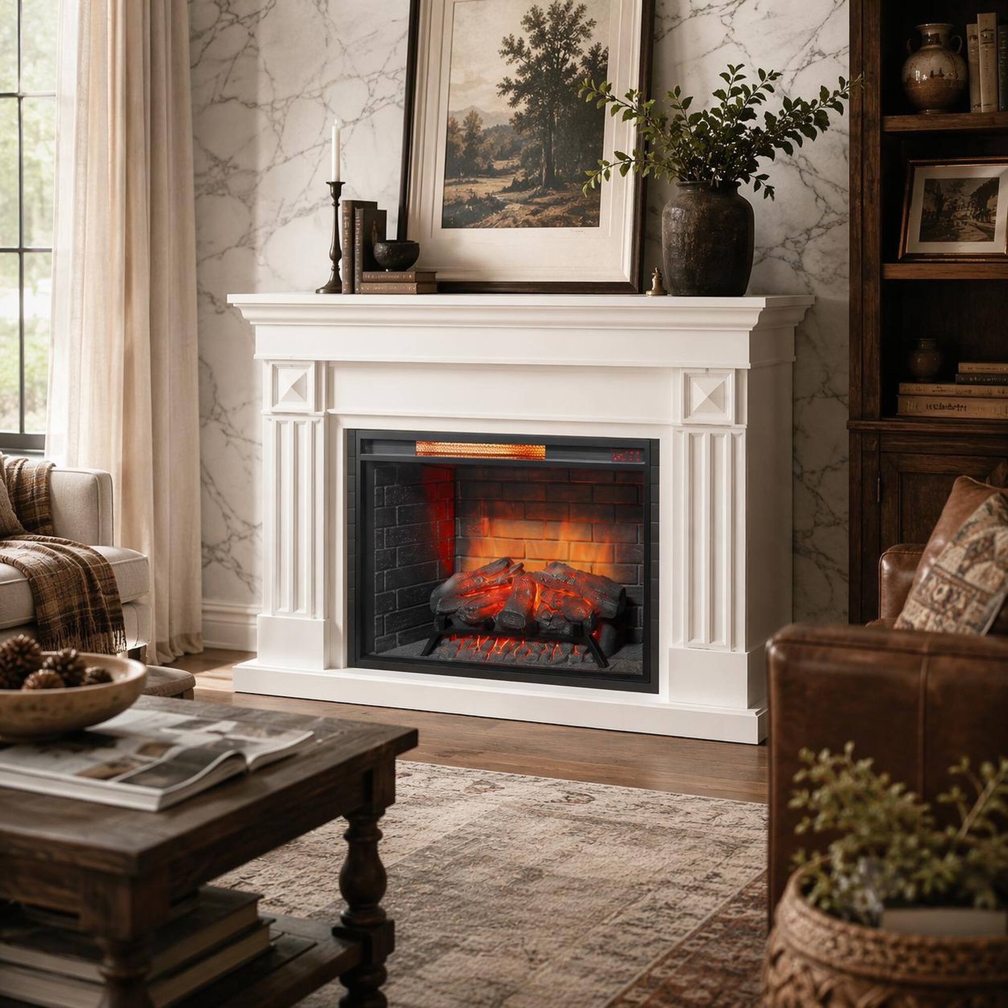 Angle. RYHNUYNE - 28 Inch Infrared Electric Fireplace with Removable Trim Kit Insert & Touch Panel for Living Room Bedroom Home Decor - Antique Black.