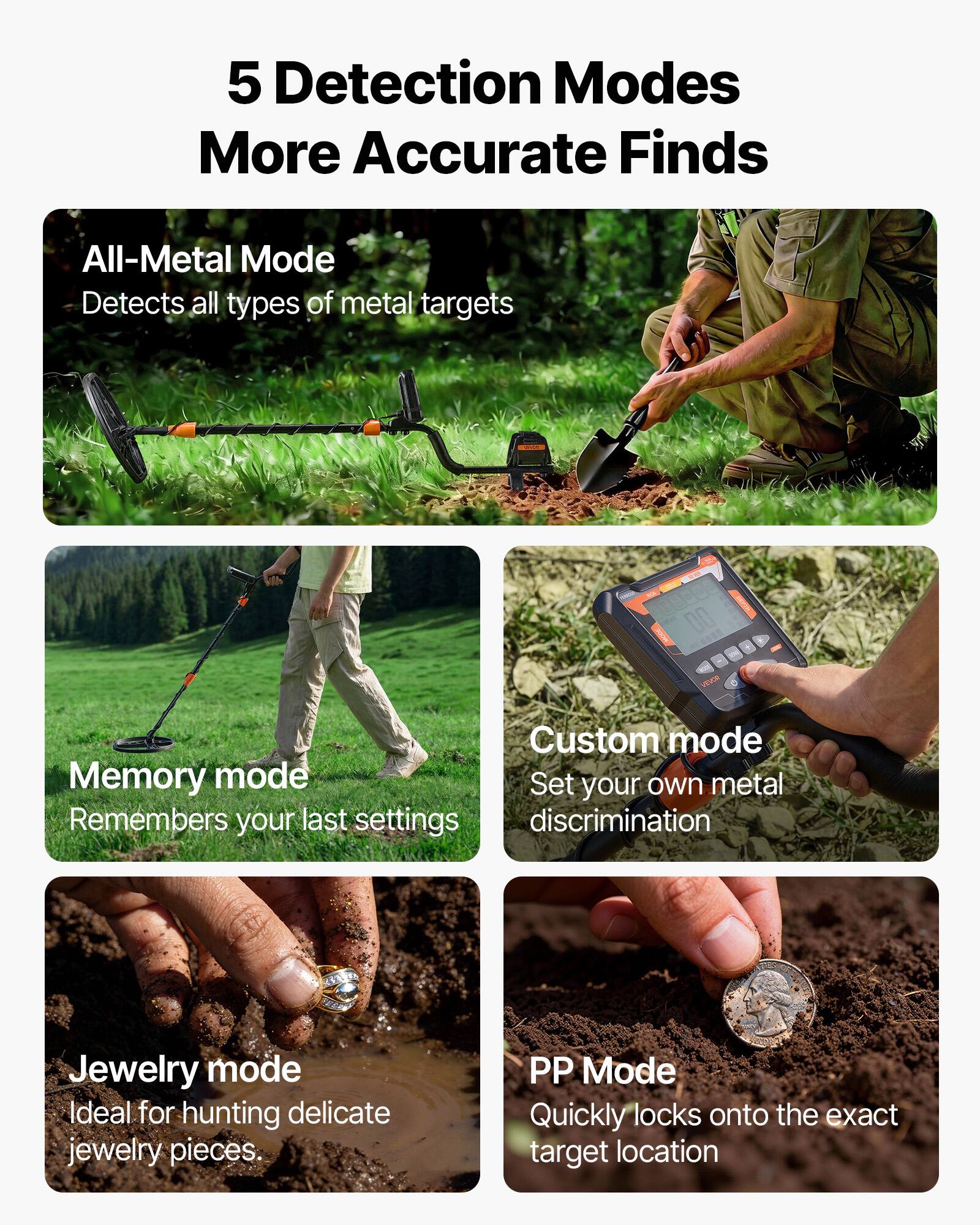5 Detection Modes  
More Accurate Finds

- All-Metal Mode  
  Detects all types of metal targets

- Memory mode  
  Remembers your last settings

- Custom mode  
  Set your own metal discrimination

- Jewelry mode  
  Ideal for hunting delicate jewelry pieces

- PP Mode  
  Quickly locks onto the exact target location