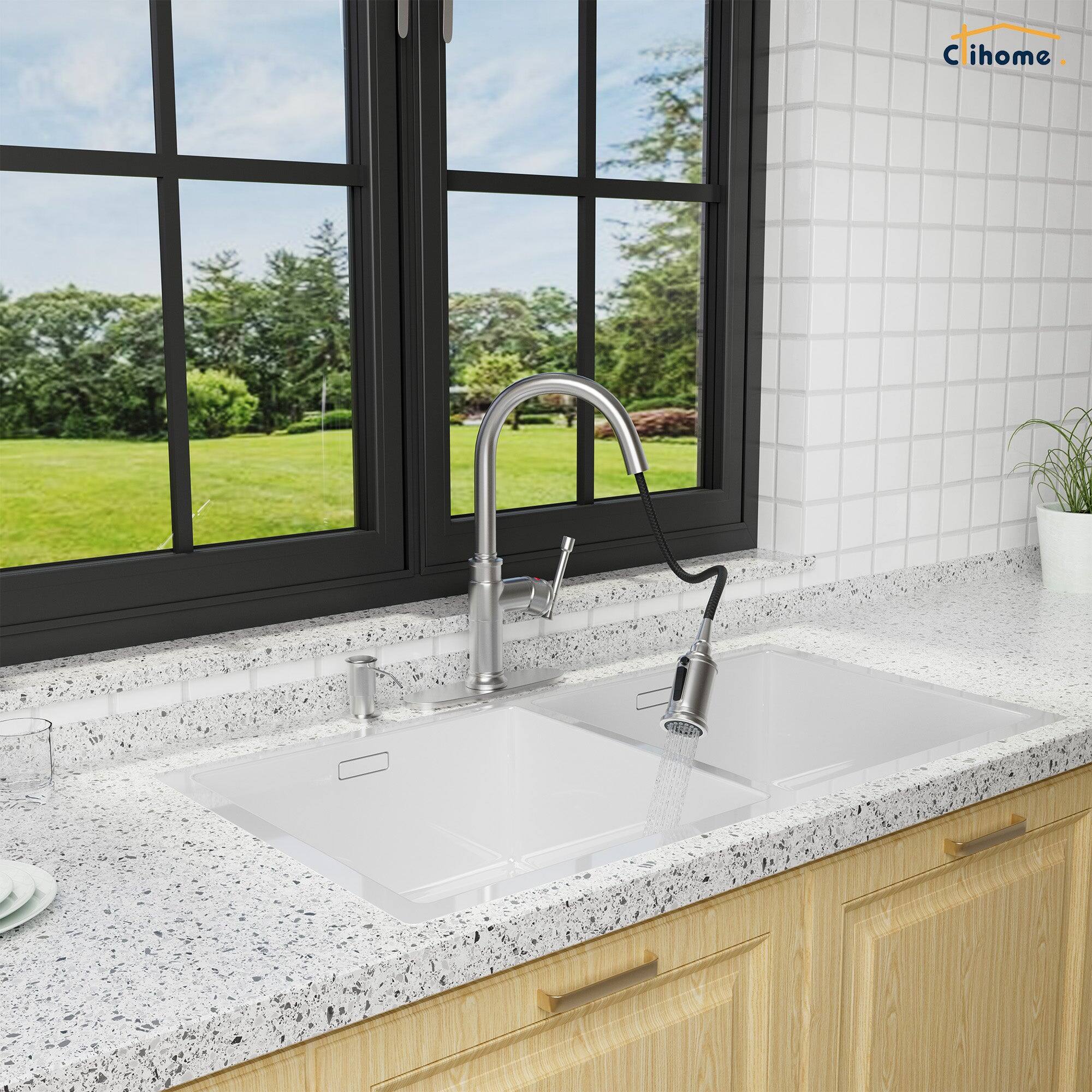 Angle. Boyel Living - 1.8 GPM Single Handle Pull Down Sprayer Kitchen Faucet with Soap Dispenser and Ceramic Cartridge in Brushed Nickel - Brushed Nickel.