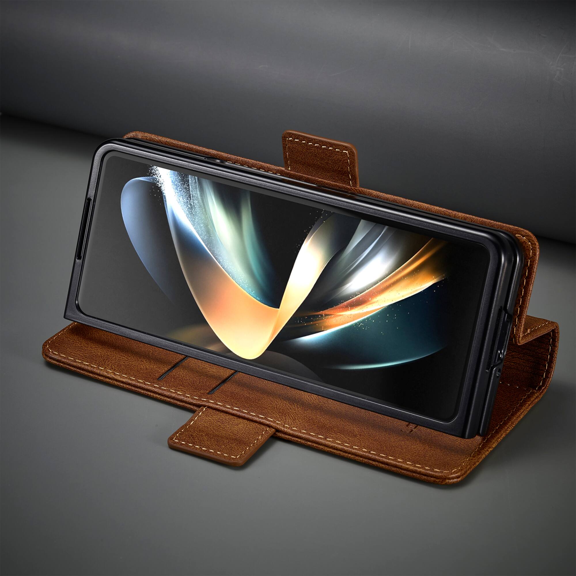 Alt View 3. Dteck - Wallet Case for Samsung Galaxy Z Fold 7, Magnetic PU Leather RFID Blocking Card Slots Kickstand Shockproof Cover - Brown.