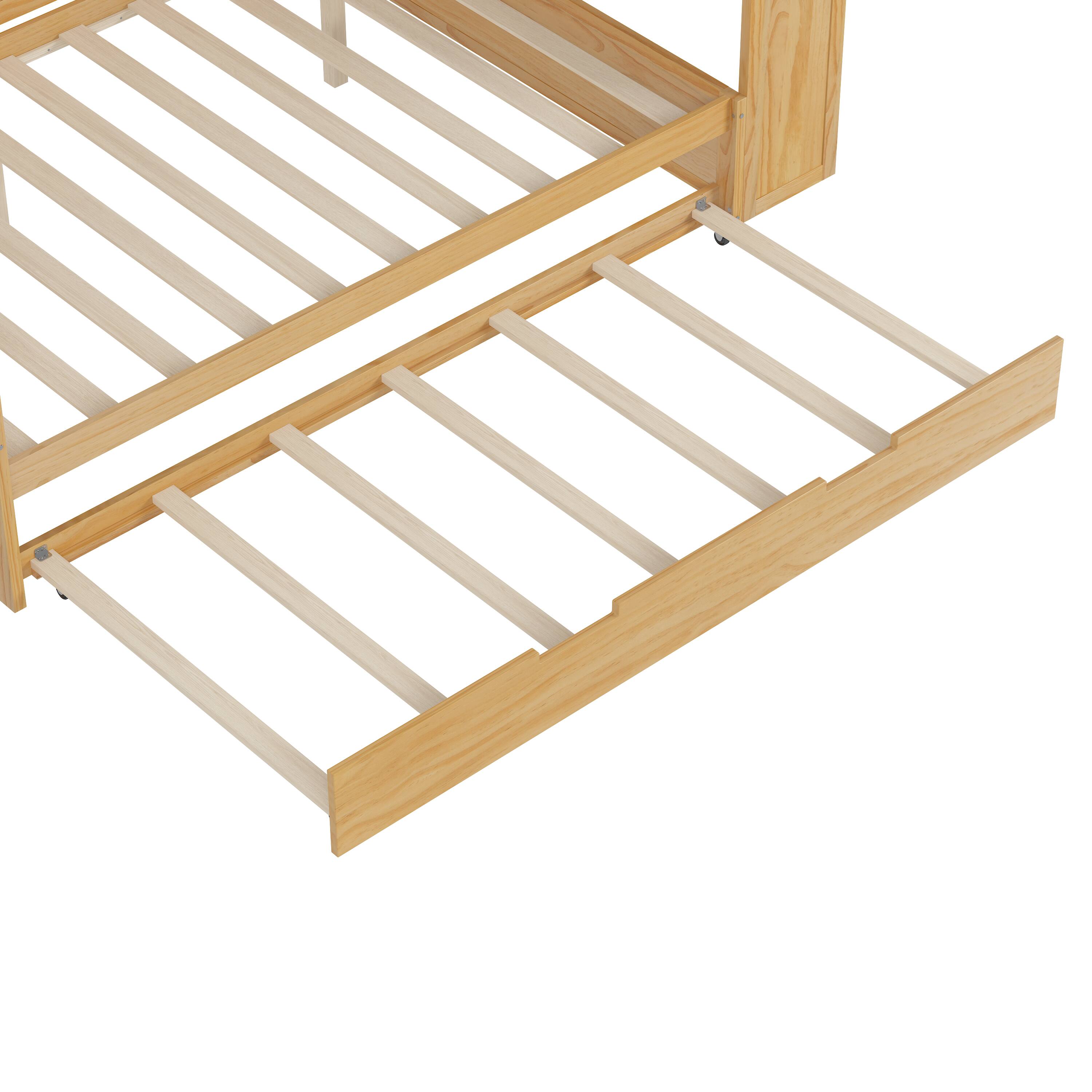 Alt View 5. Tiramisubest - Wooden Full Size Daybed with Storage Shelves, Multi-functional Bed with Twin Size Trundle Bed and  Study Desk, Natural - Natural.