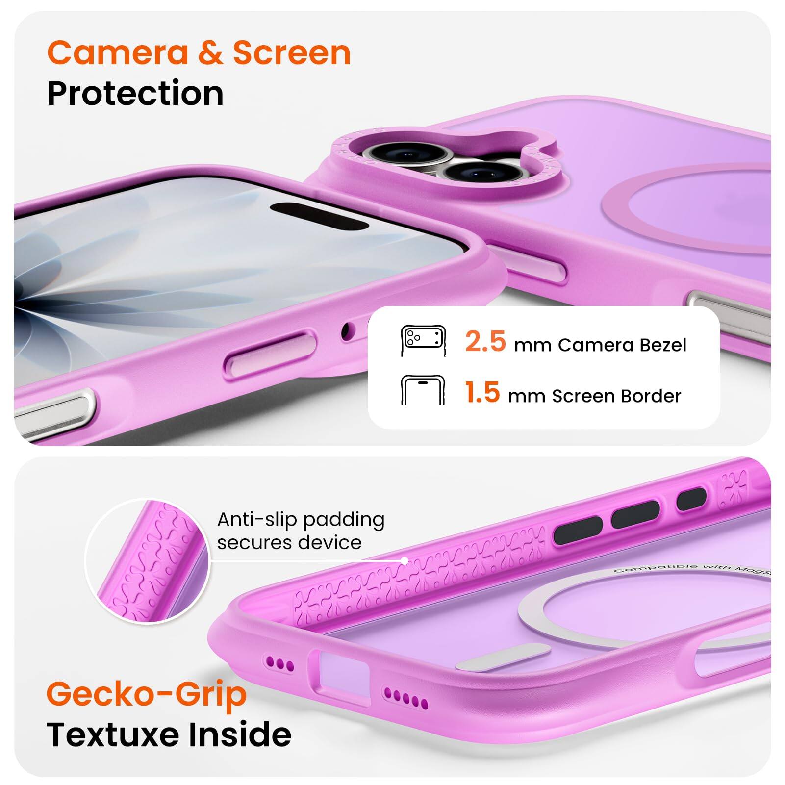 Camera & Screen Protection

2.5 mm Camera Bezel  
1.5 mm Screen Border

Anti-slip padding secures device

Gecko-Grip Textuxe Inside