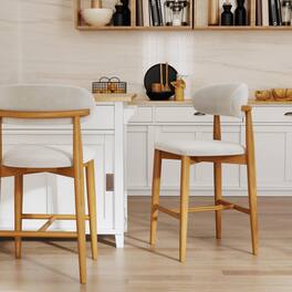 POVISON - 24" Assembled Mid-Century Modern Wood Counter Height Bar Stools Set of 2, Beige & Cotton Linen Counter Stools with Backs - Beige & Light Walnut Cotton Linen