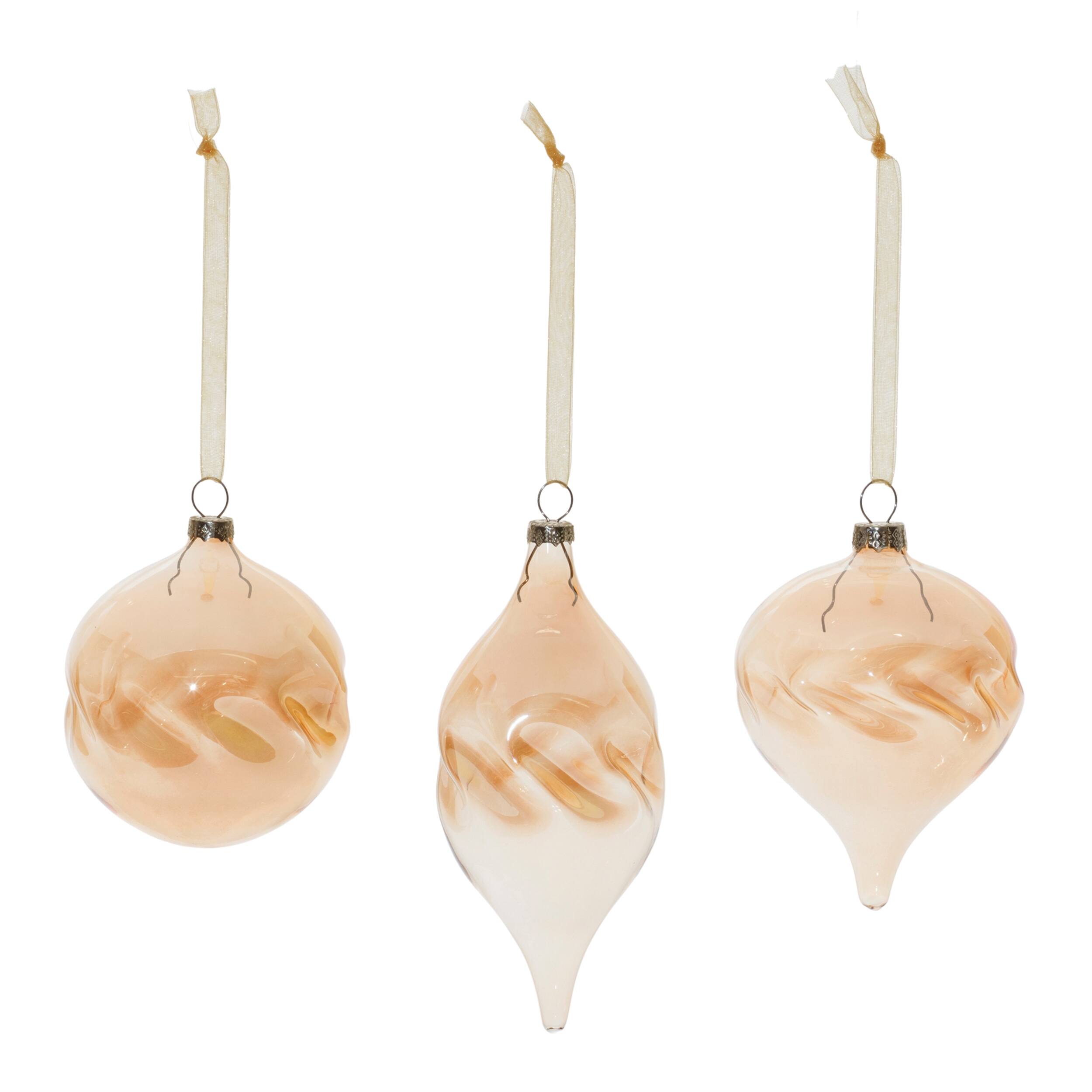 Angle. BreeBe - Amber Ombre Wavy Glass Ornament (Set of 12) - Orange.