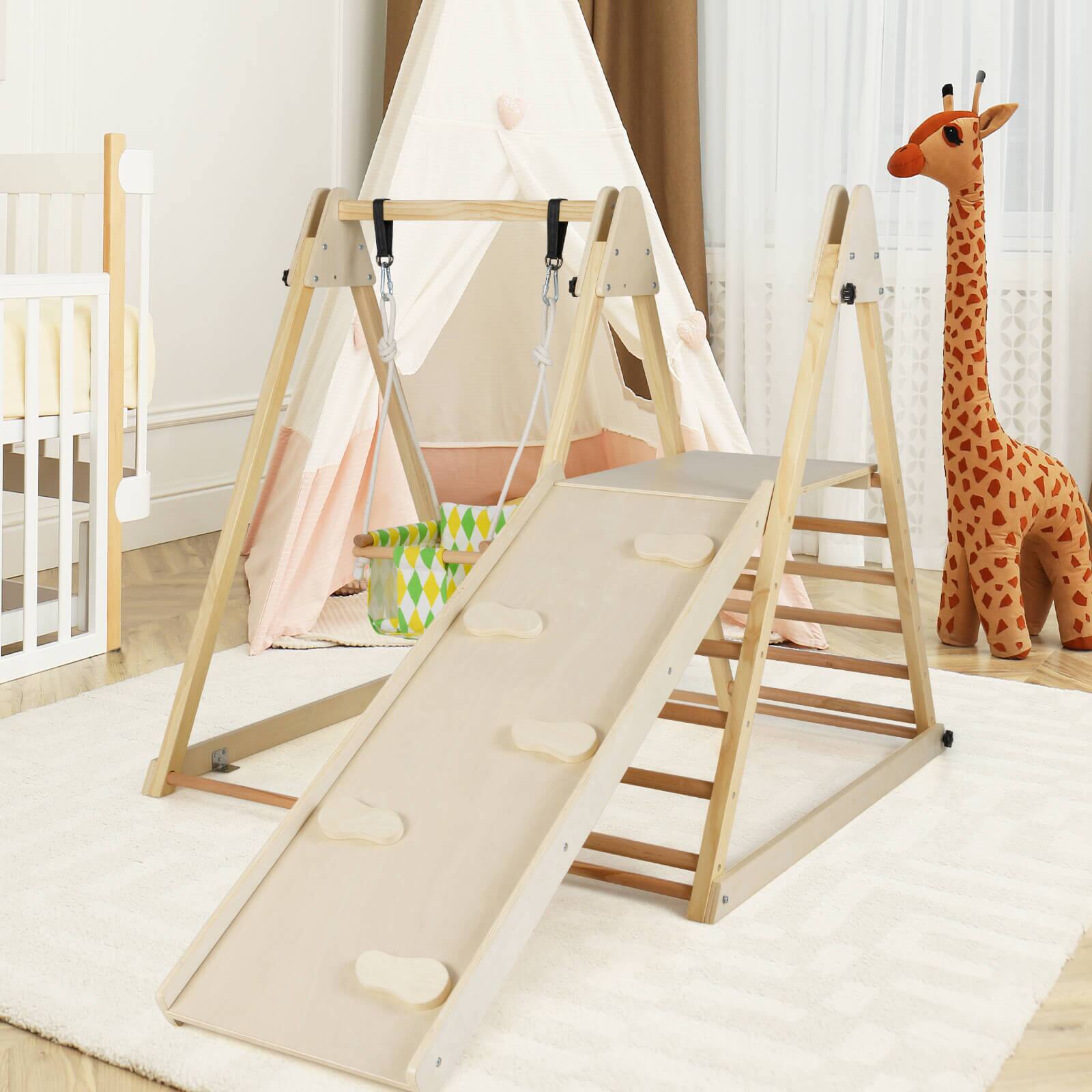 Alt View 1. Costway - Costway 4-in-1 Indoor Jungle Gym with Baby Swing, Climber, Ladder and Resting Platform - Natural.