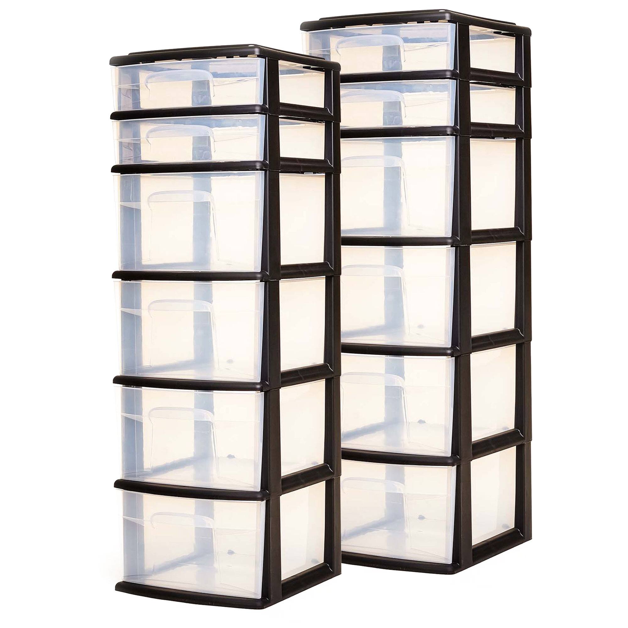 Homz - Plastic 6 Clear Drawer Home Storage Container Tower, Black/Clear (2 Pack)