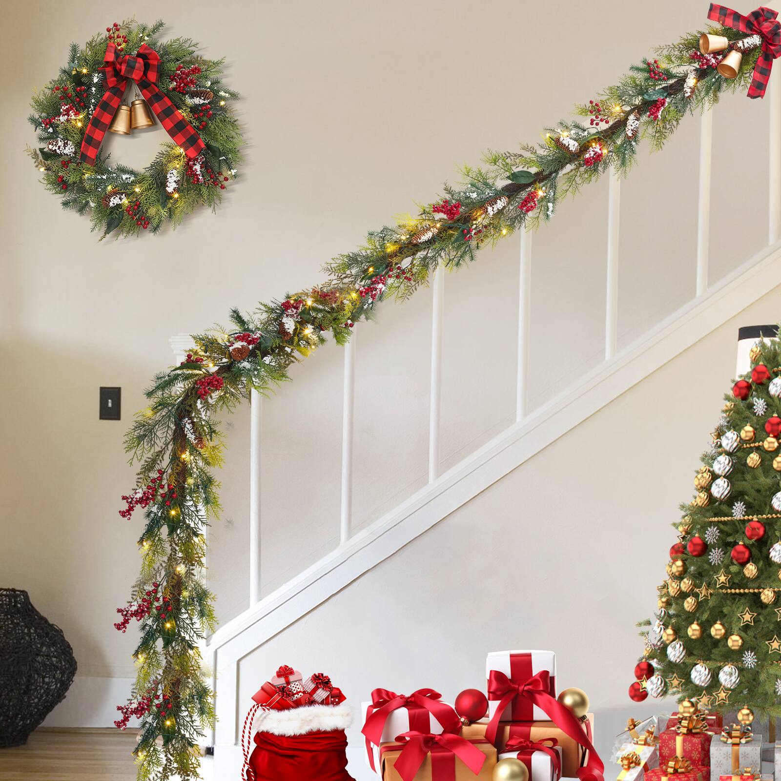 Alt View 2. Acekool - 6 Ft Prelit Christmas Garlands Light Up Artificial Garland with 20 Led Lights for Mantle Staircase - Red and Green.