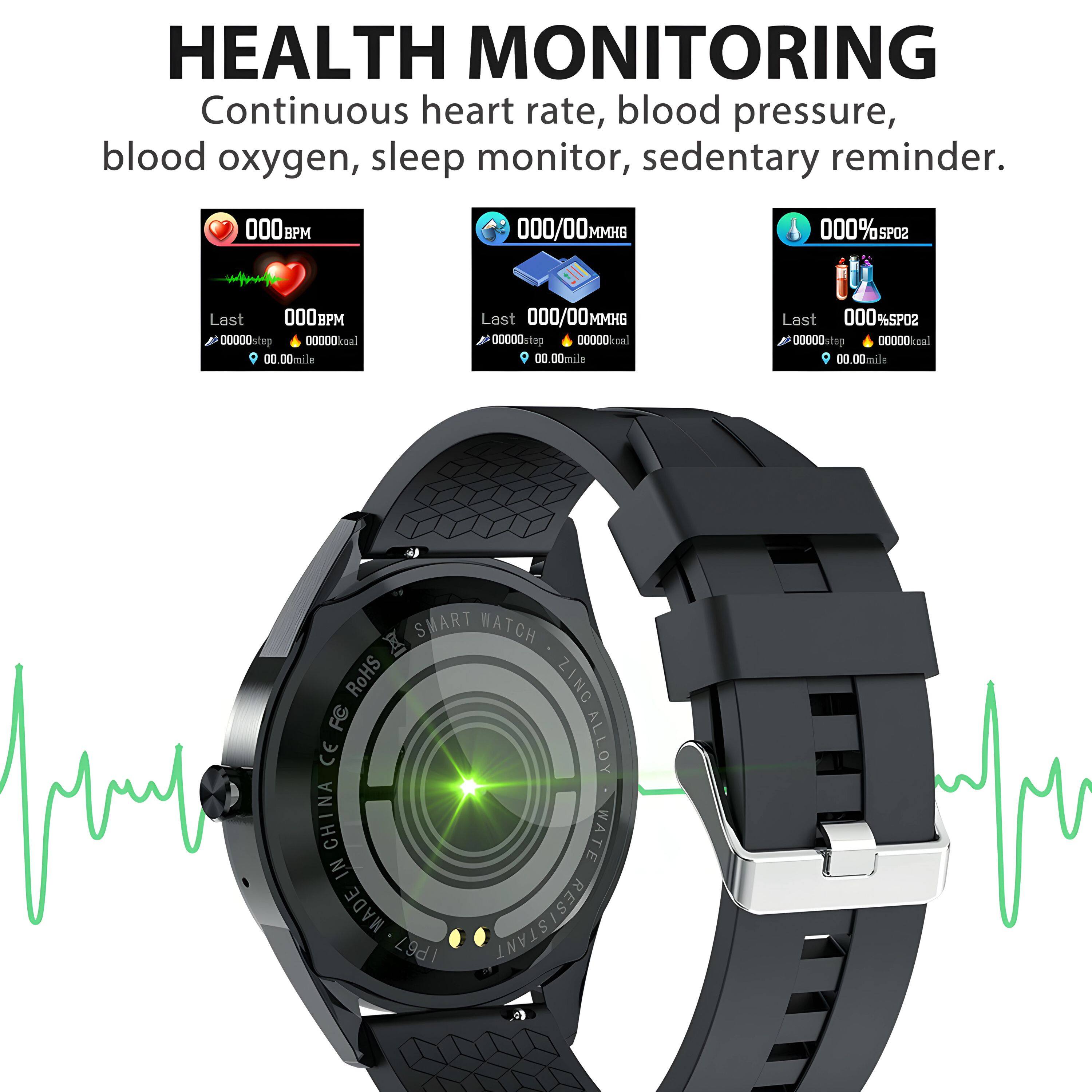HEALTH MONITORING  
Continuous heart rate, blood pressure, blood oxygen, sleep monitor, sedentary reminder.

SMART WATCH  
ROHS ZINC ALLOY  
MADE IN CHINA  
WATER RESISTANT IP67  
CE  

000BPM  
Last 00000 step 00000 kcal 00.00 mile  

000/00MMHG  
Last 000/00MM 00000m 00000 kcal 00.00 mile  

000% SpO2  
Last 000% SpO2 00000 step 00000 kcal 00.00 mile