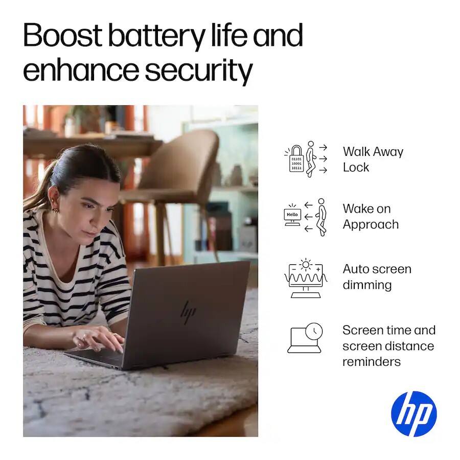 Boost battery life and enhance security

- Walk Away Lock
- Wake on Approach
- Auto screen dimming
- Screen time and screen distance reminders

hp