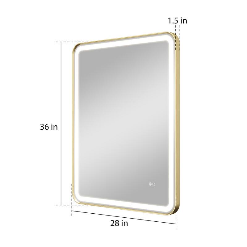 Alt View 6. WELLFOR - 28 in. W x 36 in. H Anti-Fog LED Bathroom Mirror, Wall Bathroom Vanity Mirror with Framed Round Corner - Brushed Gold.