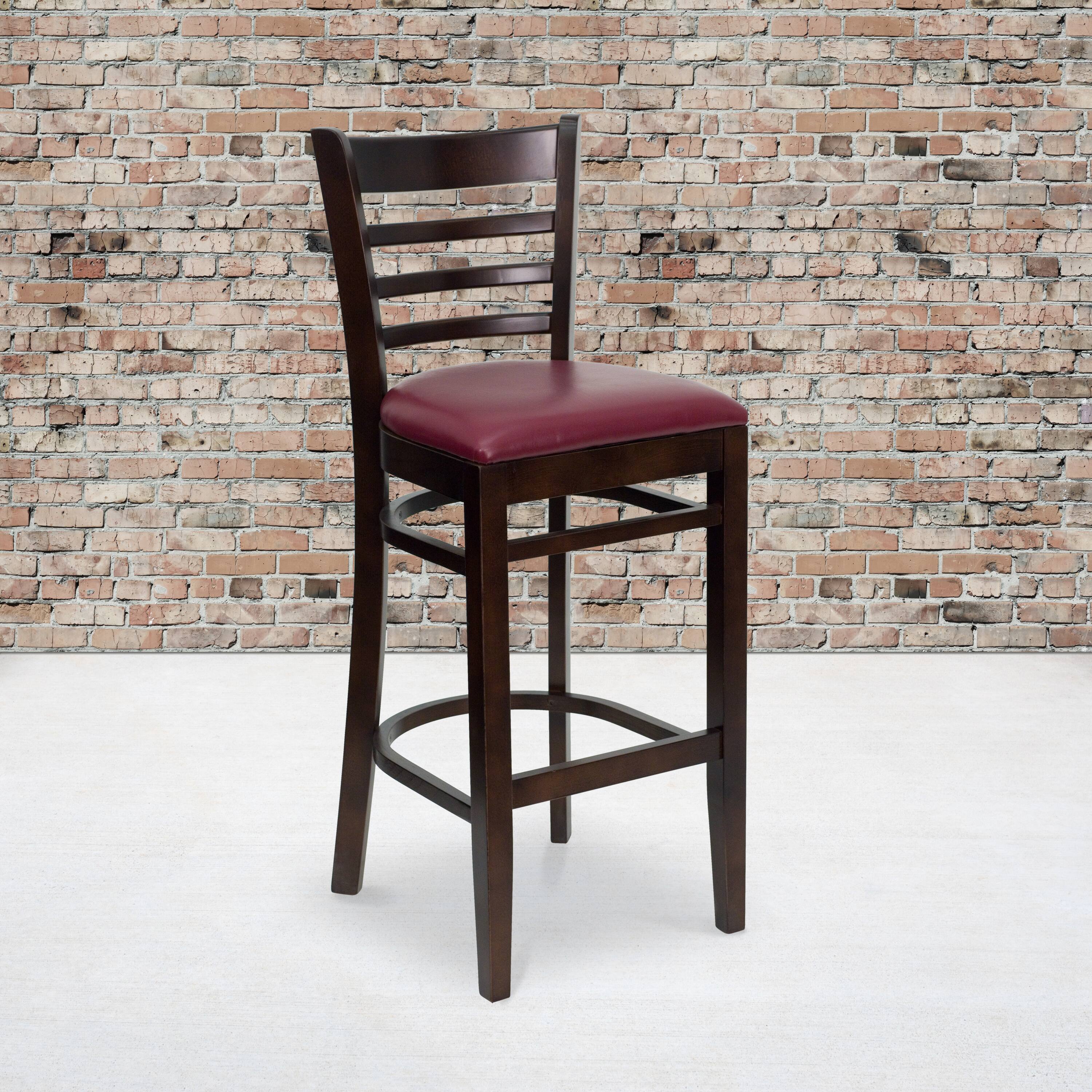 Angle. Flash Furniture - HERCULES Series Ladder Back Walnut Wood Restaurant Barstool - Burgundy Vinyl Seat - Burgundy.