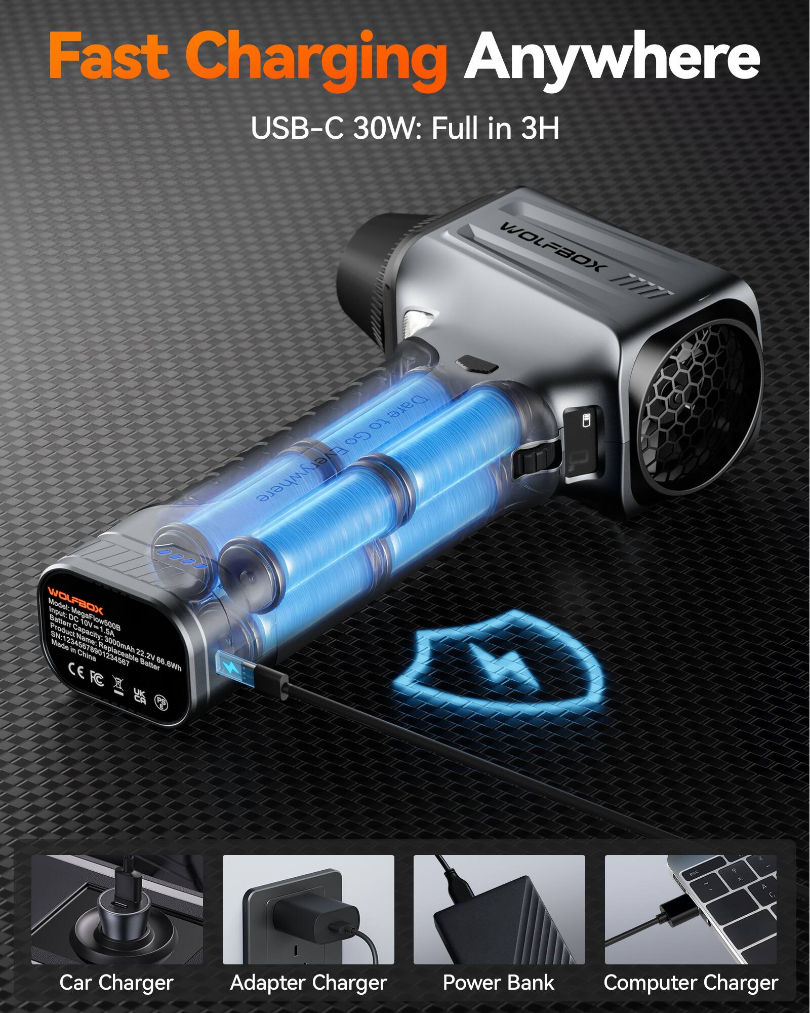 Fast Charging Anywhere USB-C 30W: Full in 3H

WOLFBOX
Go Dare to Everywhere

WOLFBOX Model: Input: DC MegaFi MegaFlow500B Battery Product YOU ml SN:1 Capacity: Name: SA Made ml China 000004587 3000mAh a 24 68 CE Batter own FC UK CA

Car Charger
Adapter Charger
Power Bank
Computer Charger