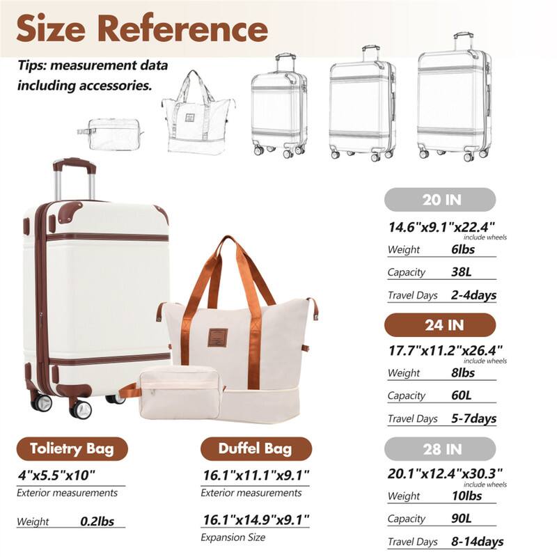 Size Reference Tips: measurement data including accessories.

20 IN  
14.6"x9.1"x22.4" (include wheels)  
Weight: 6lbs  
Capacity: 38L  
Travel Days: 2-4 days

24 IN  
17.7"x11.2"x26.4" (include wheels)  
Weight: 8lbs  
Capacity: 60L  
Travel Days: 5-7 days

Toiletry Bag  
4"x5.5"x10" (Exterior measurements)  
Weight: 0.2lbs

Duffel Bag  
16.1"x11.1"x9.1" (Exterior measurements)  
16.1"x14.9"x9.1" (Expansion Size)

28 IN  
20.1"x12.4"x30.3" (include wheels)  
Weight: 10lbs  
Capacity: 90L  
Travel Days: 8-14 days