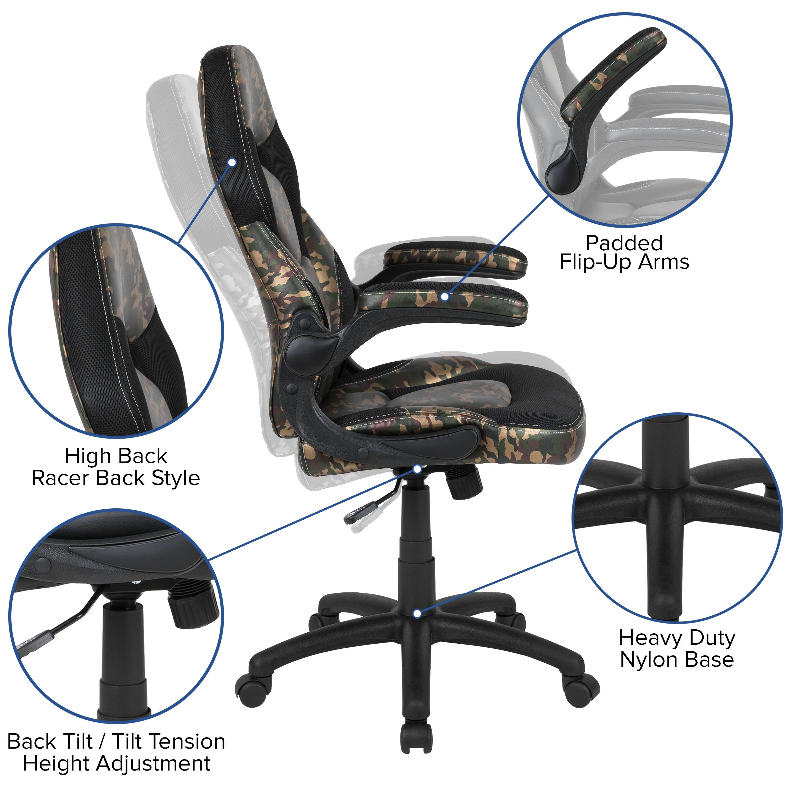 Padded Flip-Up Arms  
High Back Racer Back Style  
Heavy Duty Nylon Base  
Back Tilt / Tilt Tension Height Adjustment