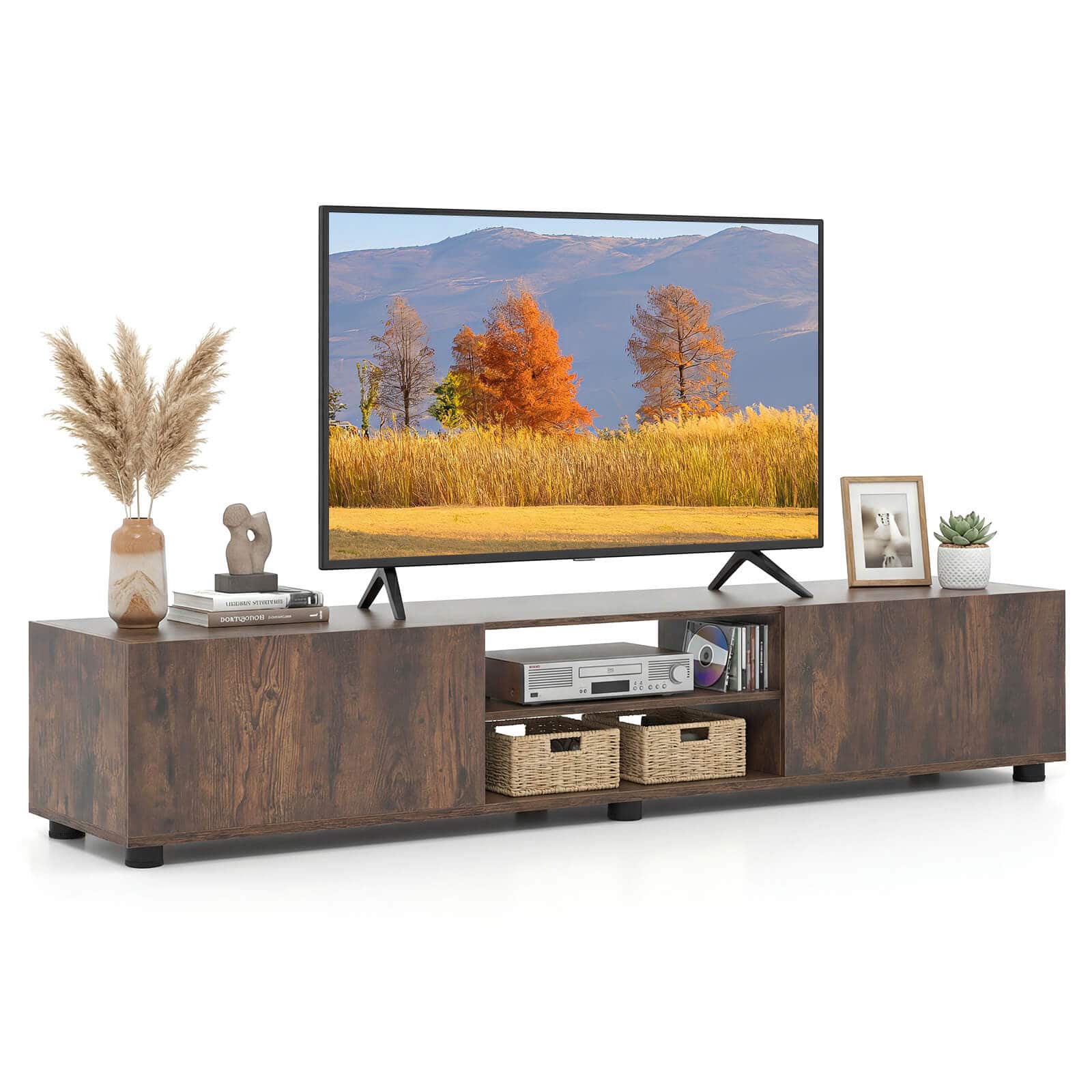 Costway - TV Stand for up to 70" TVs, Media Console Table with Double Doors & Open Shelves - Rustic Brown