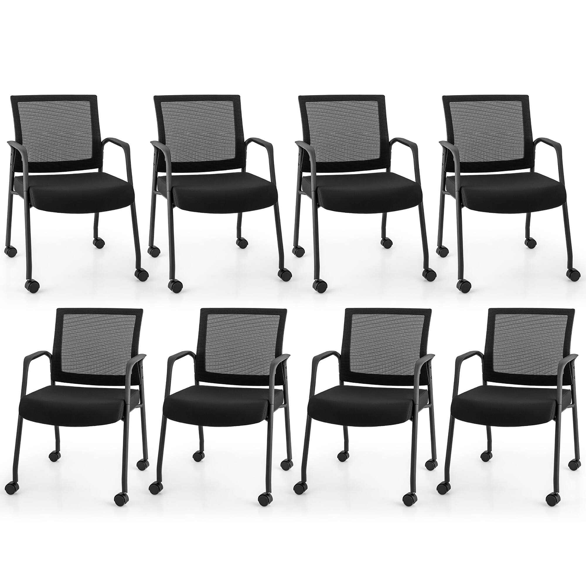 Front. Gymax - Gymax 8 Pcs Office Guest Chairs on Wheels w/ Metal Frame & Armrests Mesh Back Office - Black.