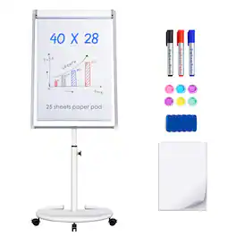 HOMLUX - Mobile Bulletin Boards– 40x28 inches Portable Whiteboard Board Flipchart Board with 25 Sheets Paper Pad - White