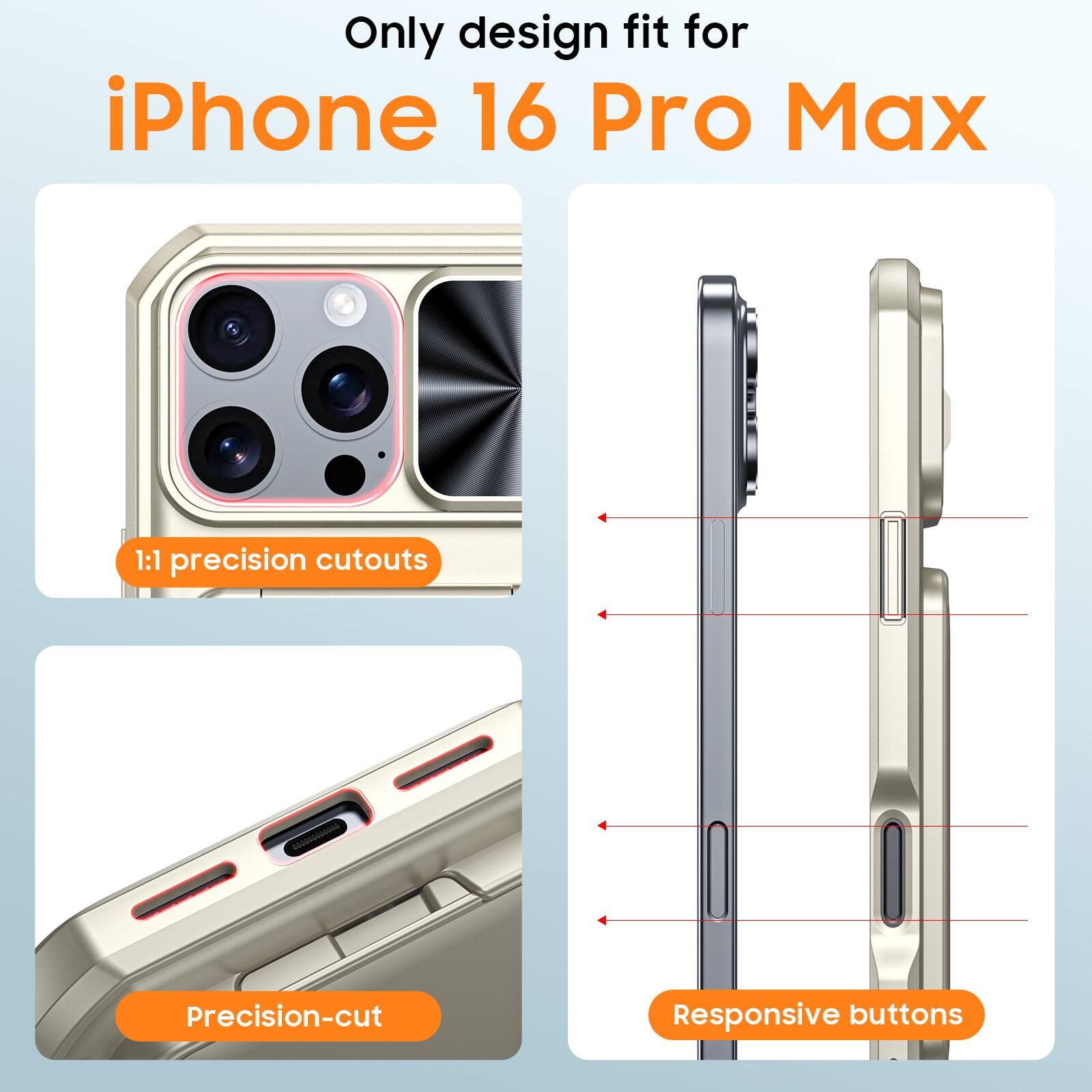 Only design fit for iPhone 16 Pro Max

1:1 precision cutouts

Precision-cut

Responsive buttons