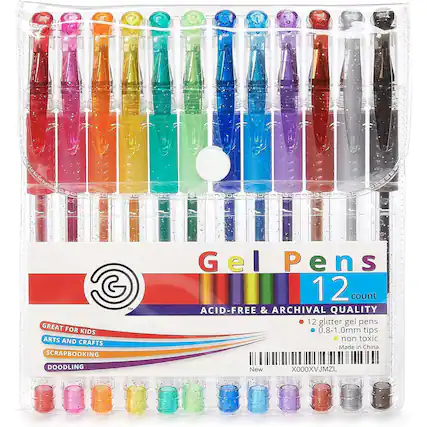 Gel Pens
12 count
ACID-FREE & ARCHIVAL QUALITY
GREAT FOR KIDS
ARTS AND CRAFTS
SCRAPBOOKING
DOODLING
12 glitter gel pens
0.8-1.0mm tips
non toxic
Made in China
New
X000XVJMZL