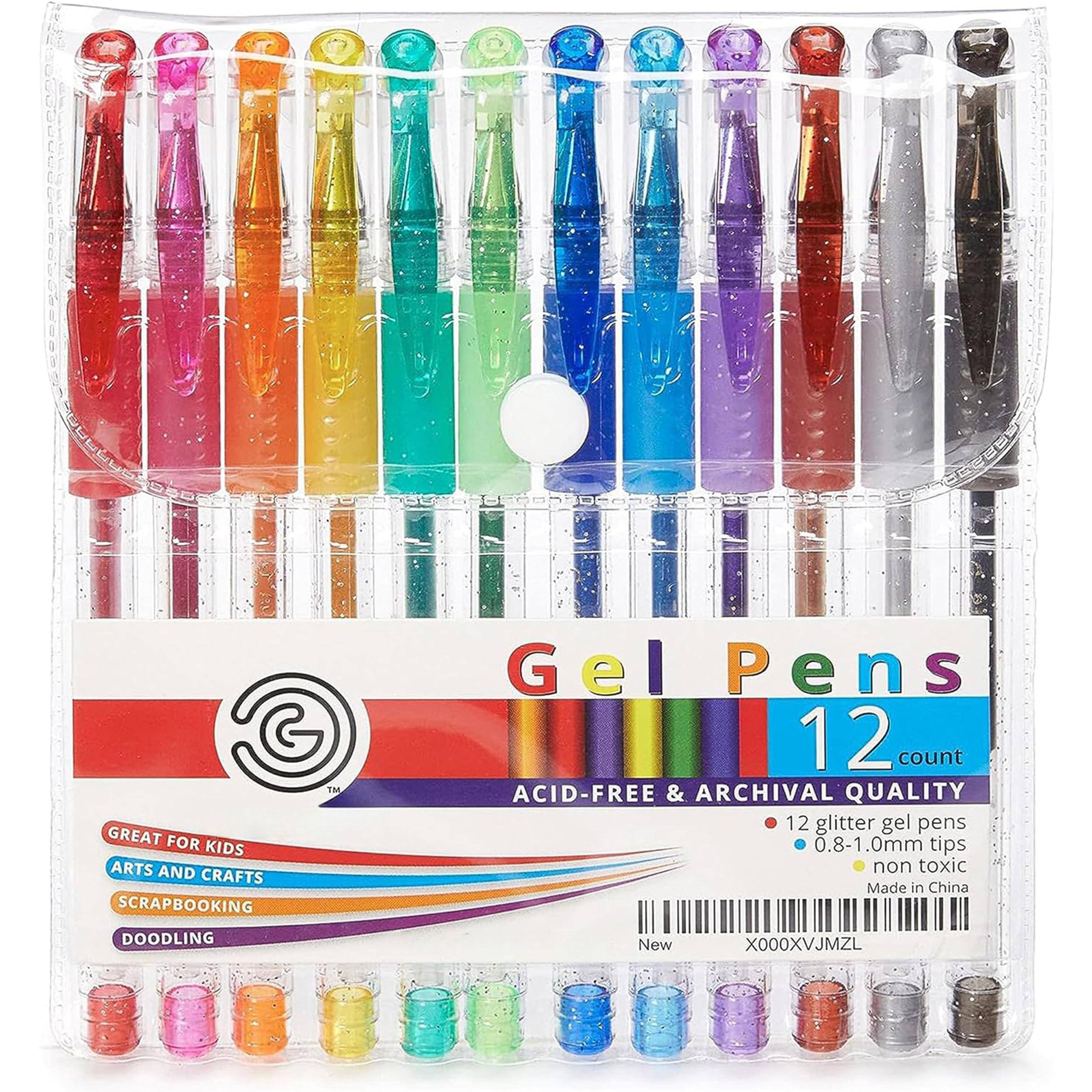 Gel Pens  
12 count  
ACID-FREE & ARCHIVAL QUALITY  

GREAT FOR KIDS  
ARTS AND CRAFTS  
SCRAPBOOKING  
DOODLING  

12 glitter gel pens  
0.8-1.0mm tips  
non toxic  
Made in China  

New  
X000XVJMZL