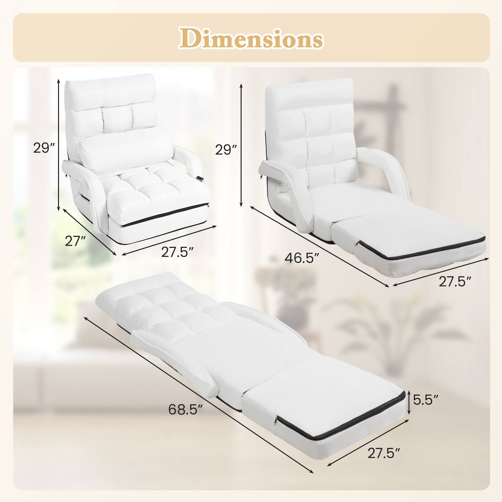 Dimensions:  
- Height: 29"  
- Width: 27"  
- Depth: 27.5"  
- Seat Width: 27.5"  
- Backrest Width: 46.5"  
- Length: 68.5"  
- Armrest Height: 5.5"  
- Seat Depth: 27.5"