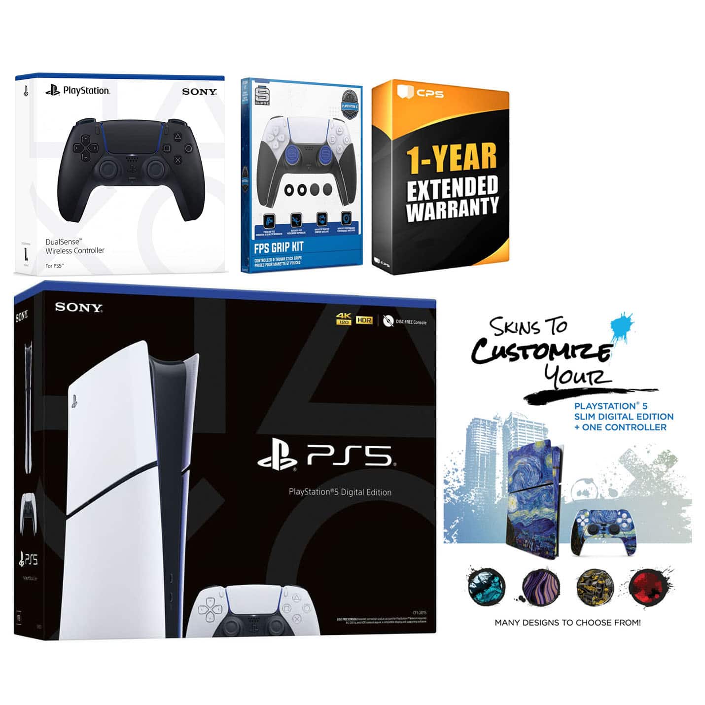 Playstation 5 Slim Digital with Extra Controller, FPS Grip Kit and MightySkins Decal Voucher + 1 - PlayStation 5