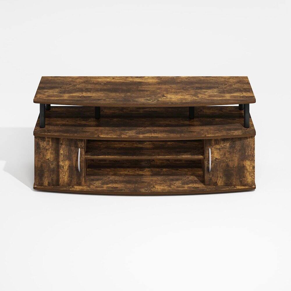 Back. FurniFact - Brown Wooden TV Stand with 3 Open Shelves and Dual Door Storage TV Console - Amber Oak/Black.