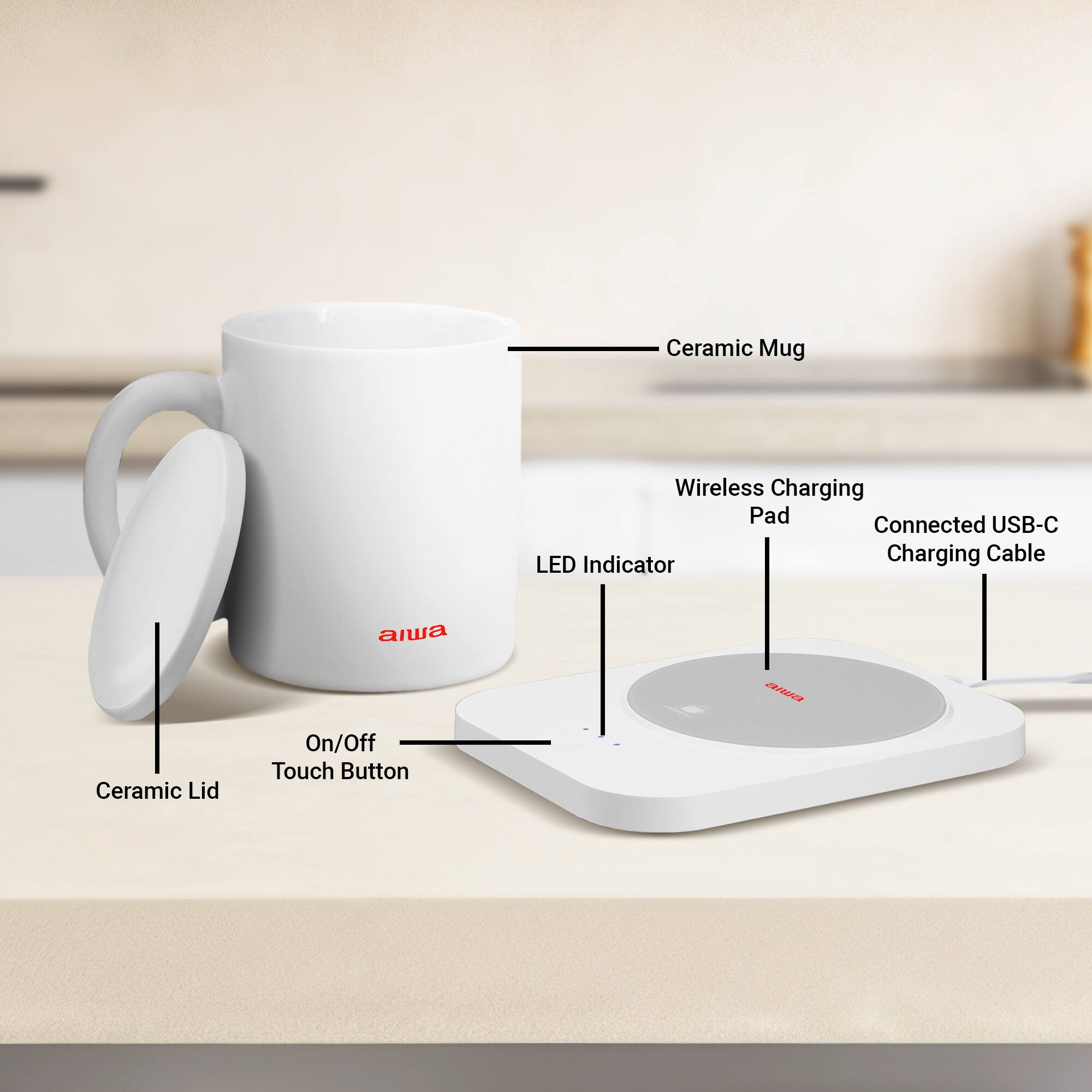 Ceramic Mug Wireless Charging Pad  
Connected USB-C Charging Cable  
LED Indicator  
Ceramic Lid  
On/Off Touch Button
