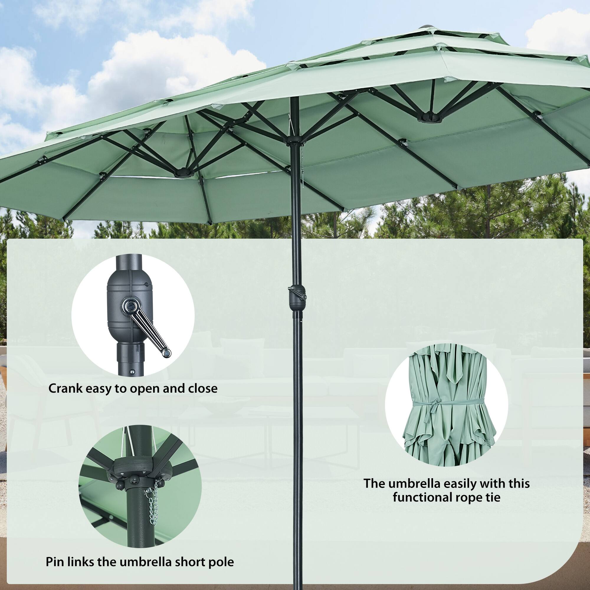 Crank easy to open and close  
The umbrella easily with this functional rope tie  
Pin links the umbrella short pole