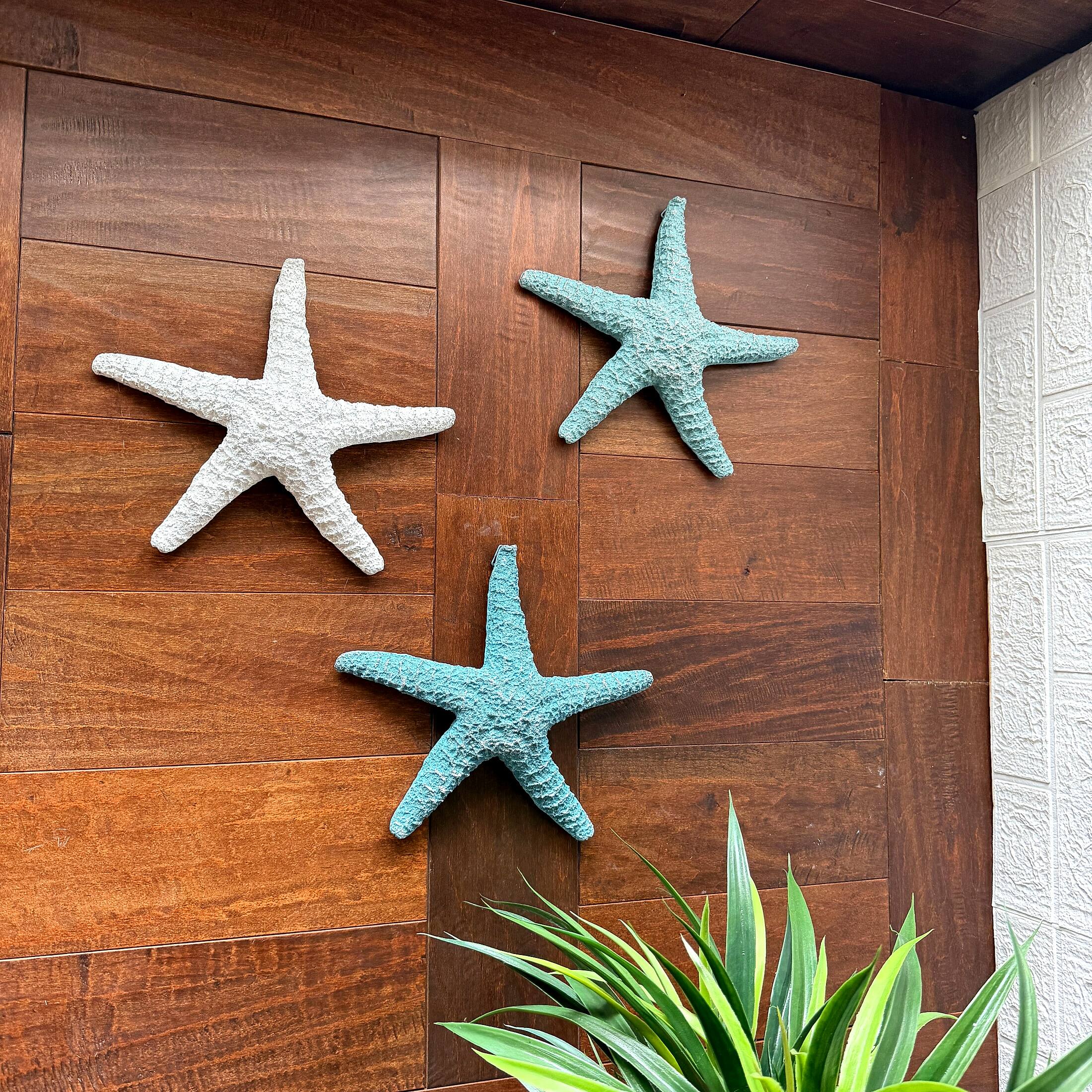 Alt View 4. Zeckos - Set of 3 Coastal Starfish Wall Sculptures Blue Aqua White Resin 10.5 In - White, Blue, Aqua.