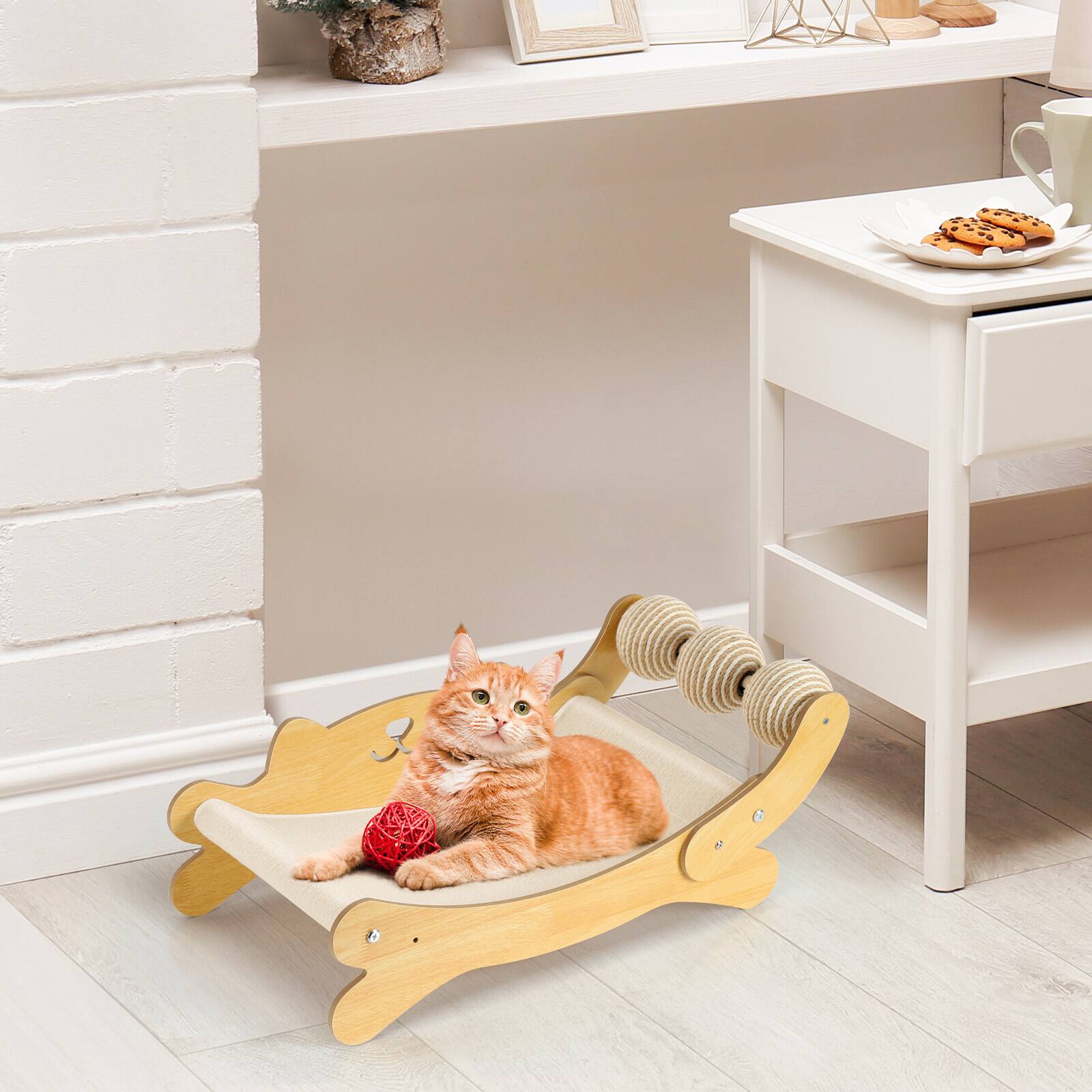 Alt View 4. Oumilen - Cat Lounge Bed with Sisal Scratching Rollers, Cat-Shaped Cat Hammock Bed for Indoor Cats - Natural.