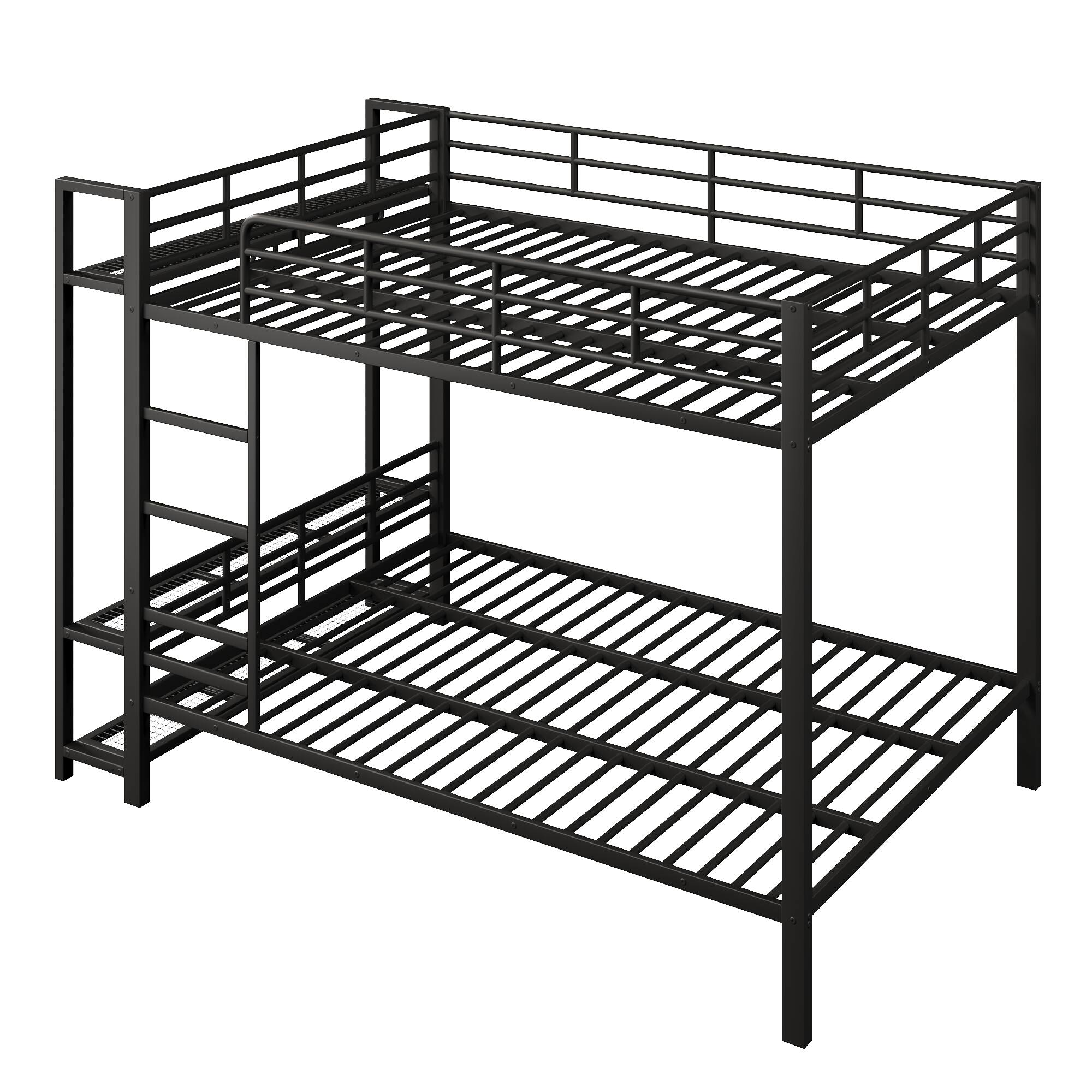 Left. Whisen - Queen Size Metal Bunk Bed with Storage Shelves & Clothes Hooks, LED Light - Black.